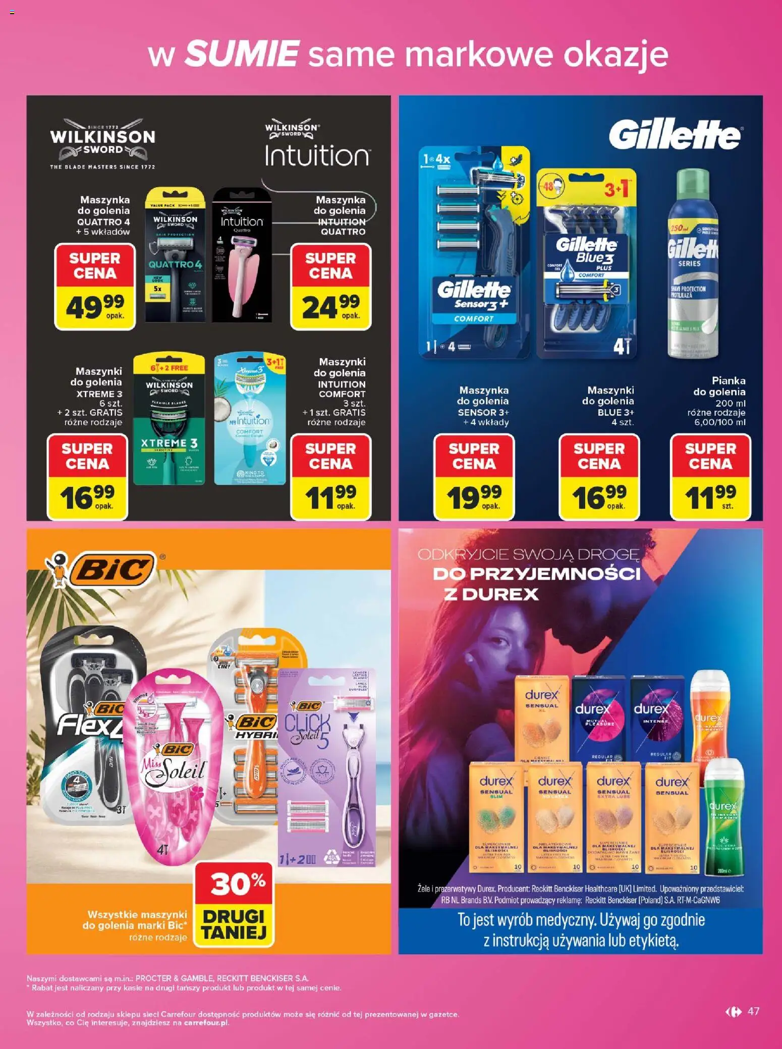 Carrefour gazetka - Same markowe okazje od 03.08.2026 | Strona: 47 | Produkty: Gillette, Prezerwatywy, Maszynka do golenia, Maszynki do golenia