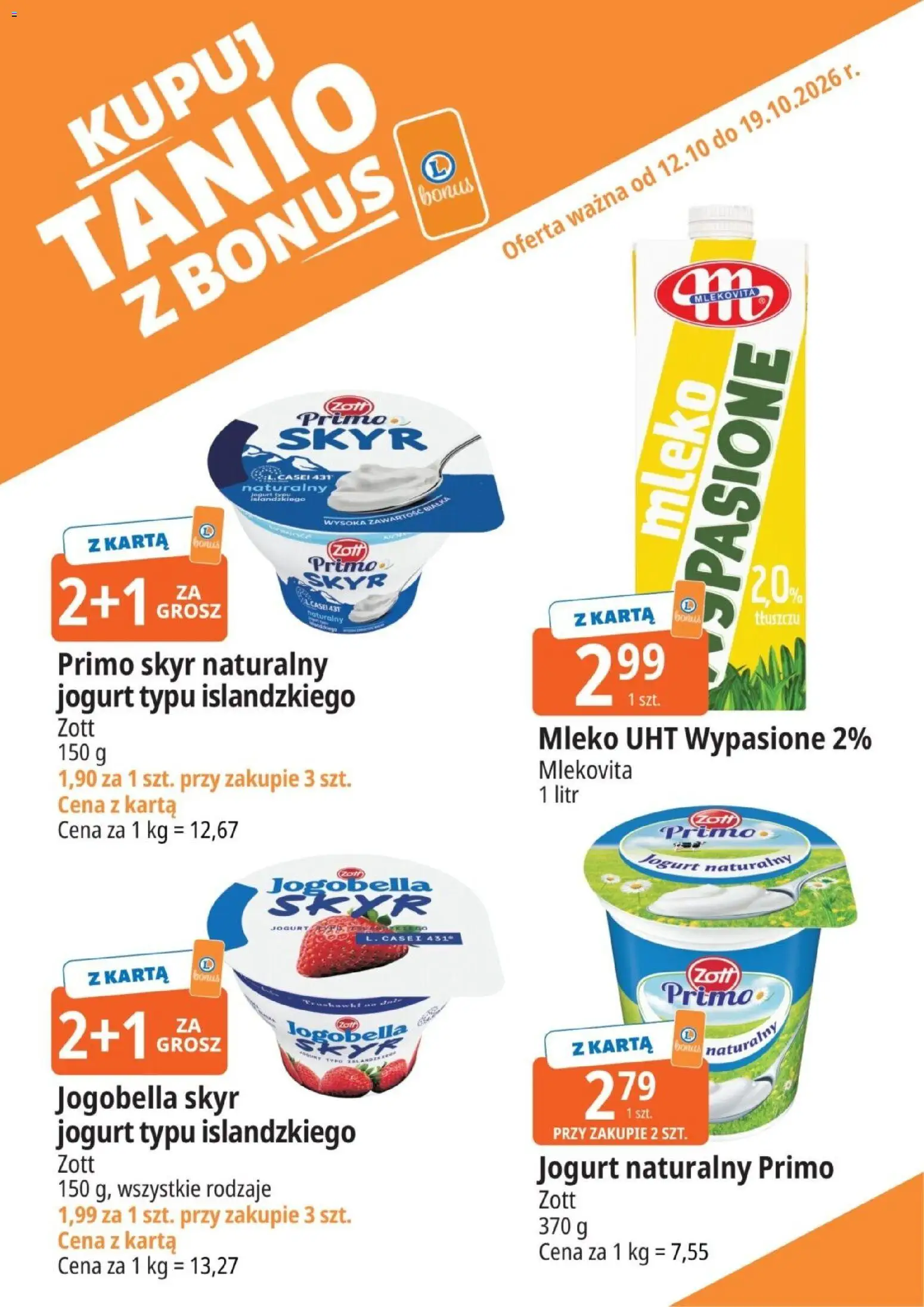 E.Leclerc gazetka - Kupuj Tanio Z Bonus od 12.10.2026 | Strona: 4 | Produkty: Karta, Jogurt naturalny, Mleko, Jogurt