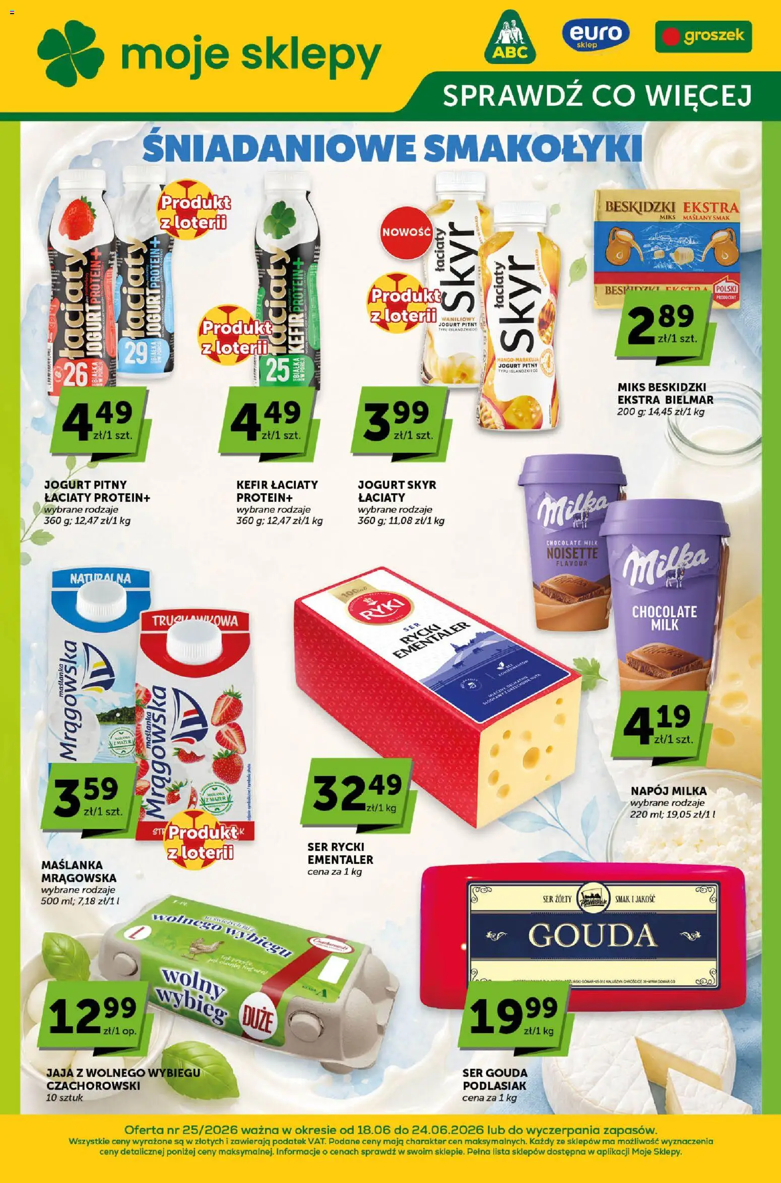 Euro Sklep gazetka - Sprawdź, co więcej od 18.06.2026 | Strona: 1 | Produkty: Ser żółty, Milka, Jogurt, Jaja