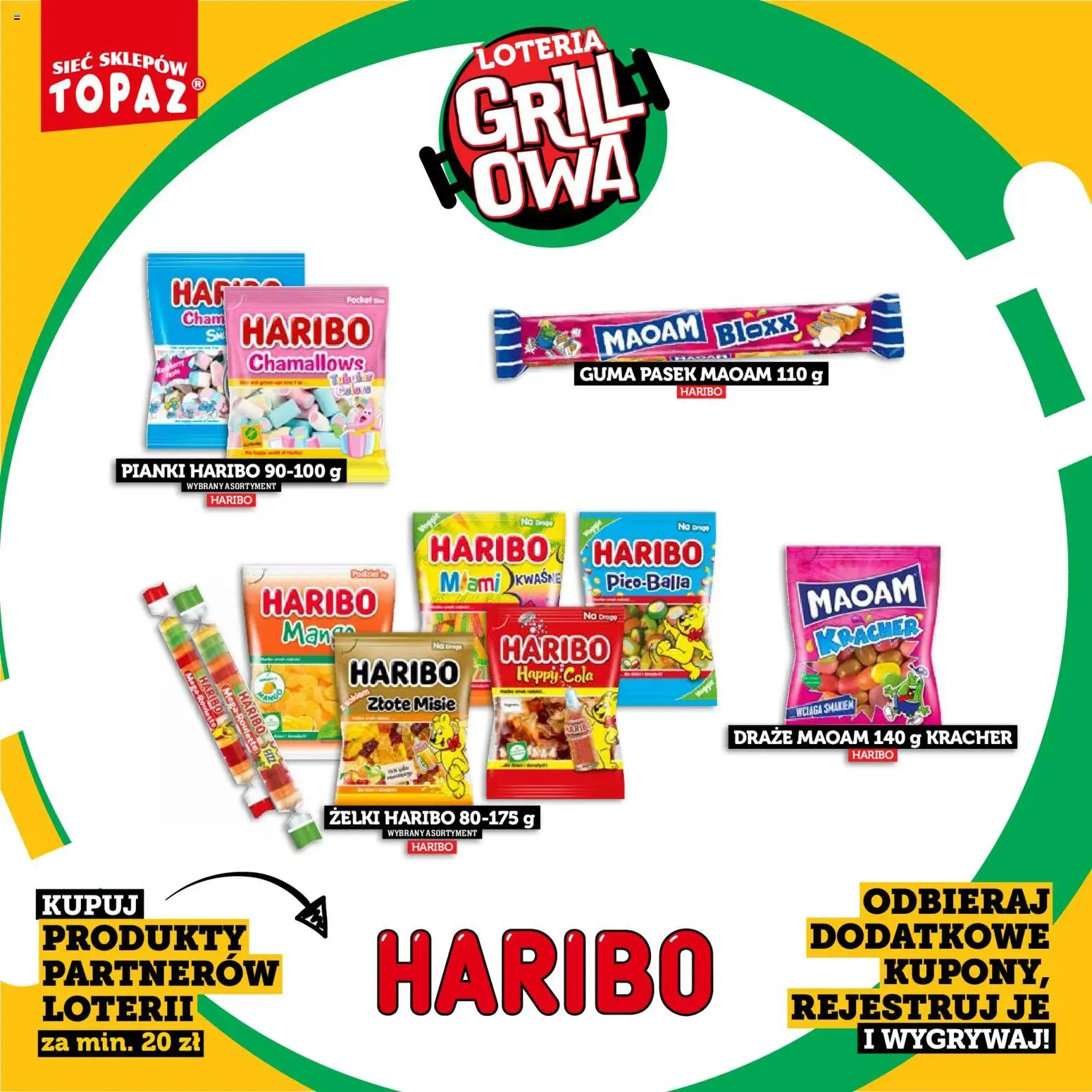 Topaz gazetka - Kupuj, Grilluj I Wygrywaj od 20.04.2026 | Strona: 22 | Produkty: Żelki haribo, Pasek, Grill, Pianki