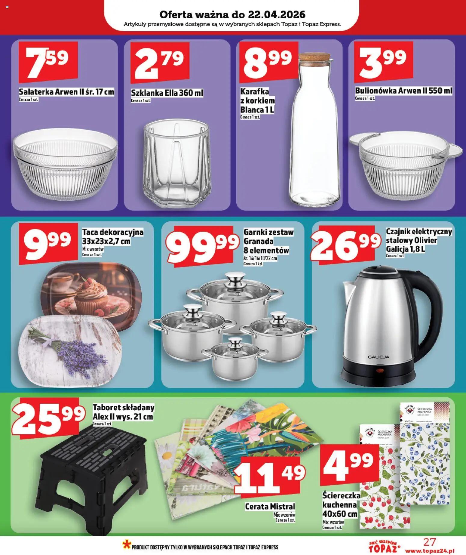 Topaz gazetka - MAZ od 16.04.2026 | Strona: 27 | Produkty: Szklanka, Czajnik, Artykuły przemysłowe, Garnki