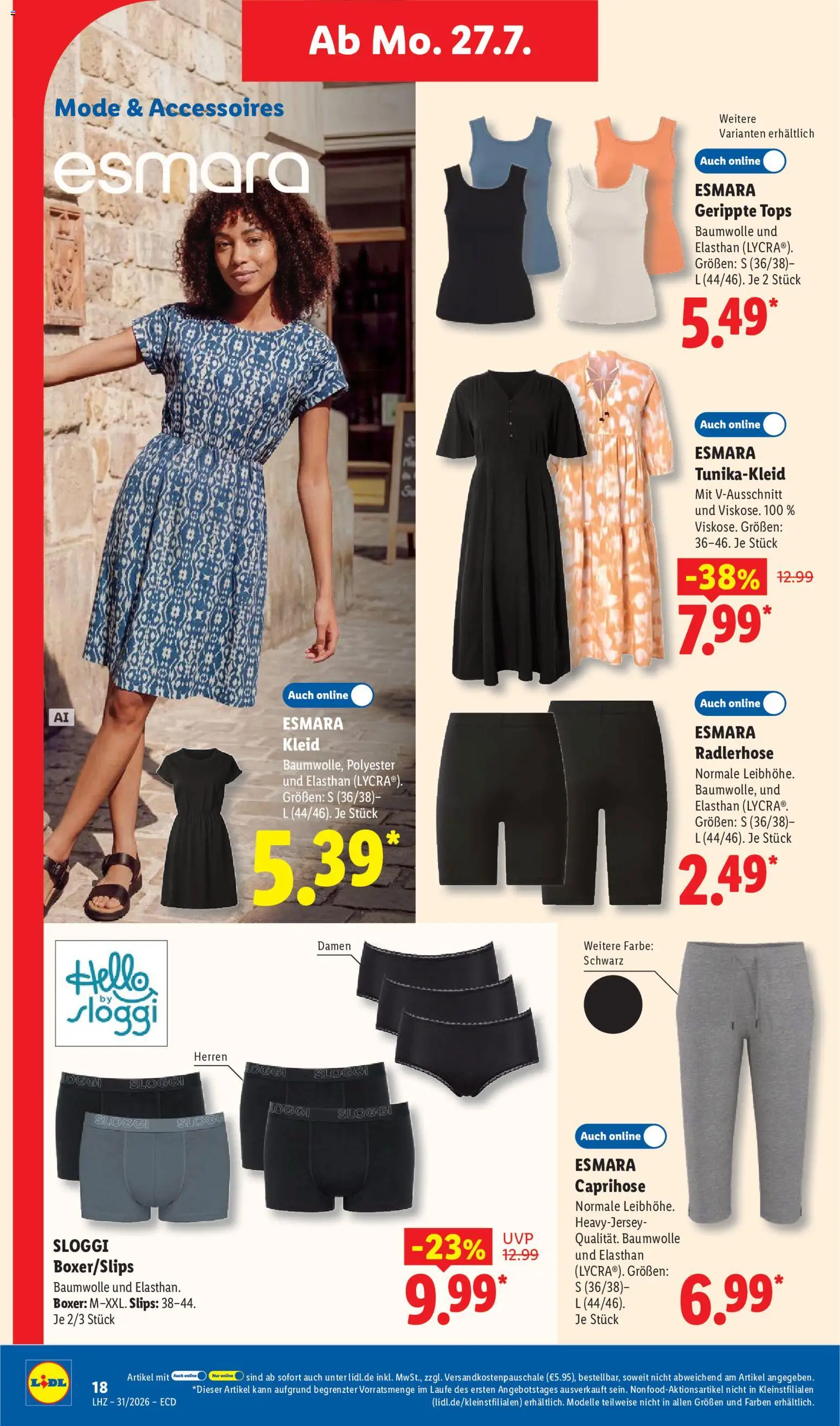 Lidl Prospekt – gültig ab 27.07.2026 | Seite: 34 | Produkte: Caprihose, Radlerhose, Boxer, Kleid