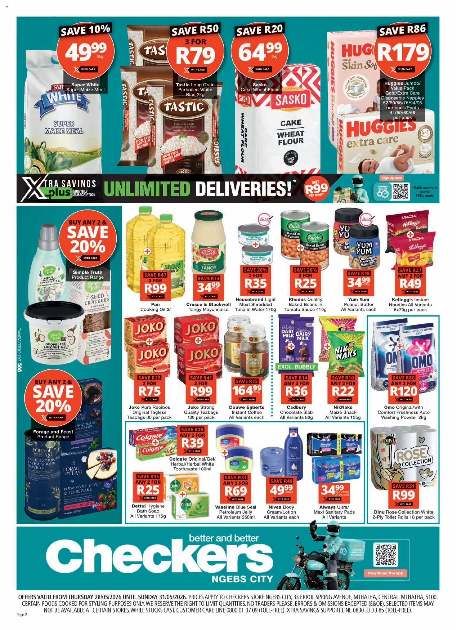 New Checkers catalogue – valid from 28.05.2026 | Page: 2 | Products: Tuna, Chocolate, Sugar, Nappies