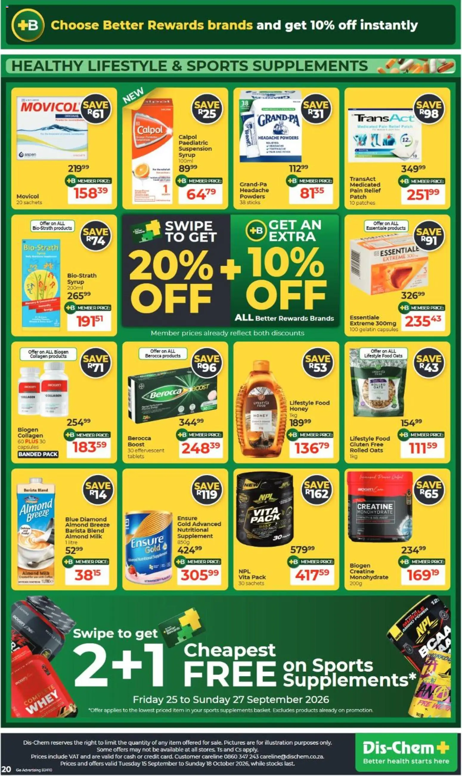 New Dis-Chem catalogue – valid from 15/09/2026 | Page: 20 | Products: Milk, Oats, Syrup, Supplements
