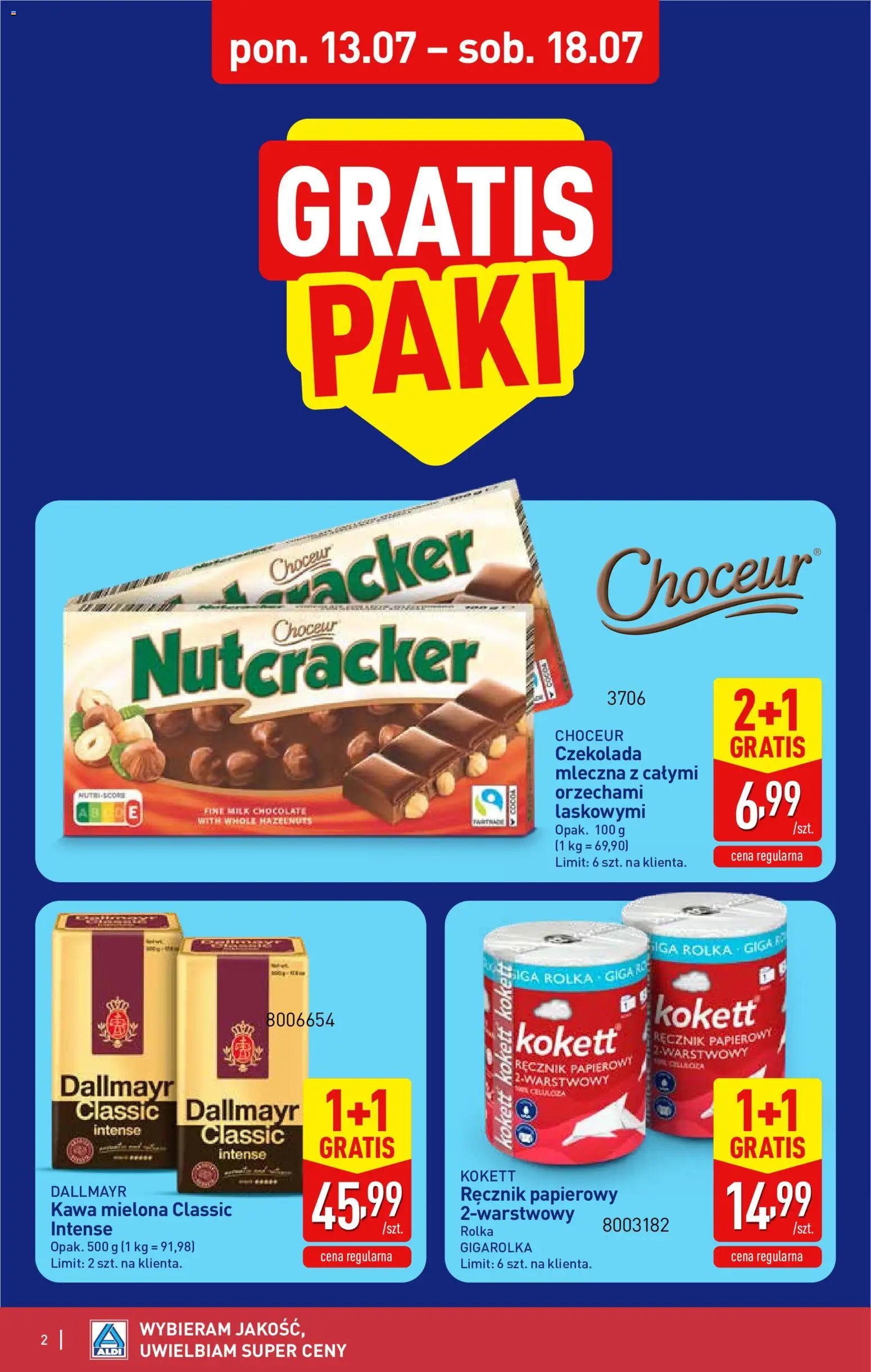 Aldi gazetka od 13.07.2026 | Strona: 2 | Produkty: Kawa, Czekolada, Ręcznik papierowy