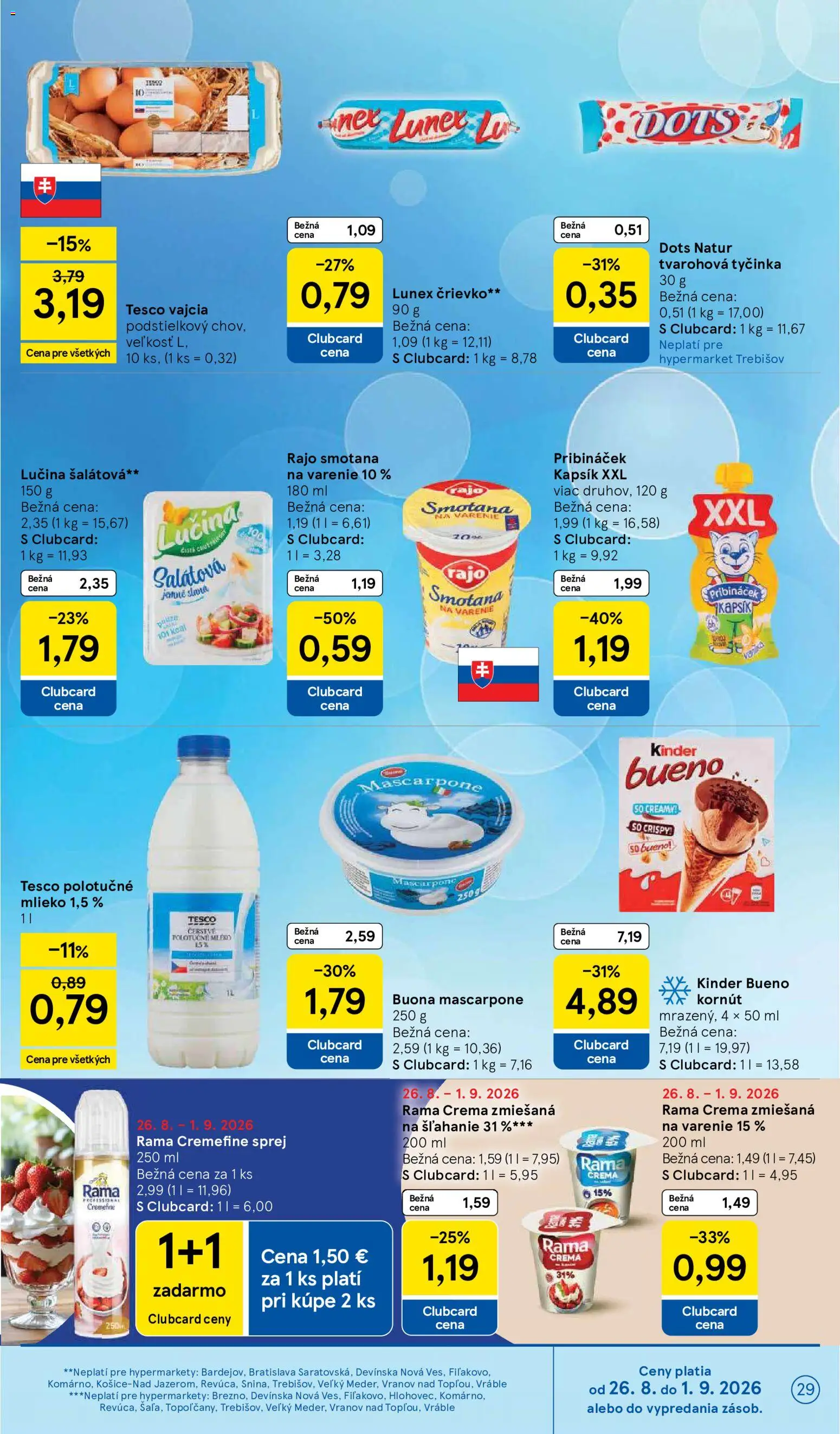 Nové Tesco akcie – leták je platný od 26.08.2026 | Strana: 29 | Produkty: Mlieko, Vajcia, Smotana na varenie, Tvarohová tyčinka