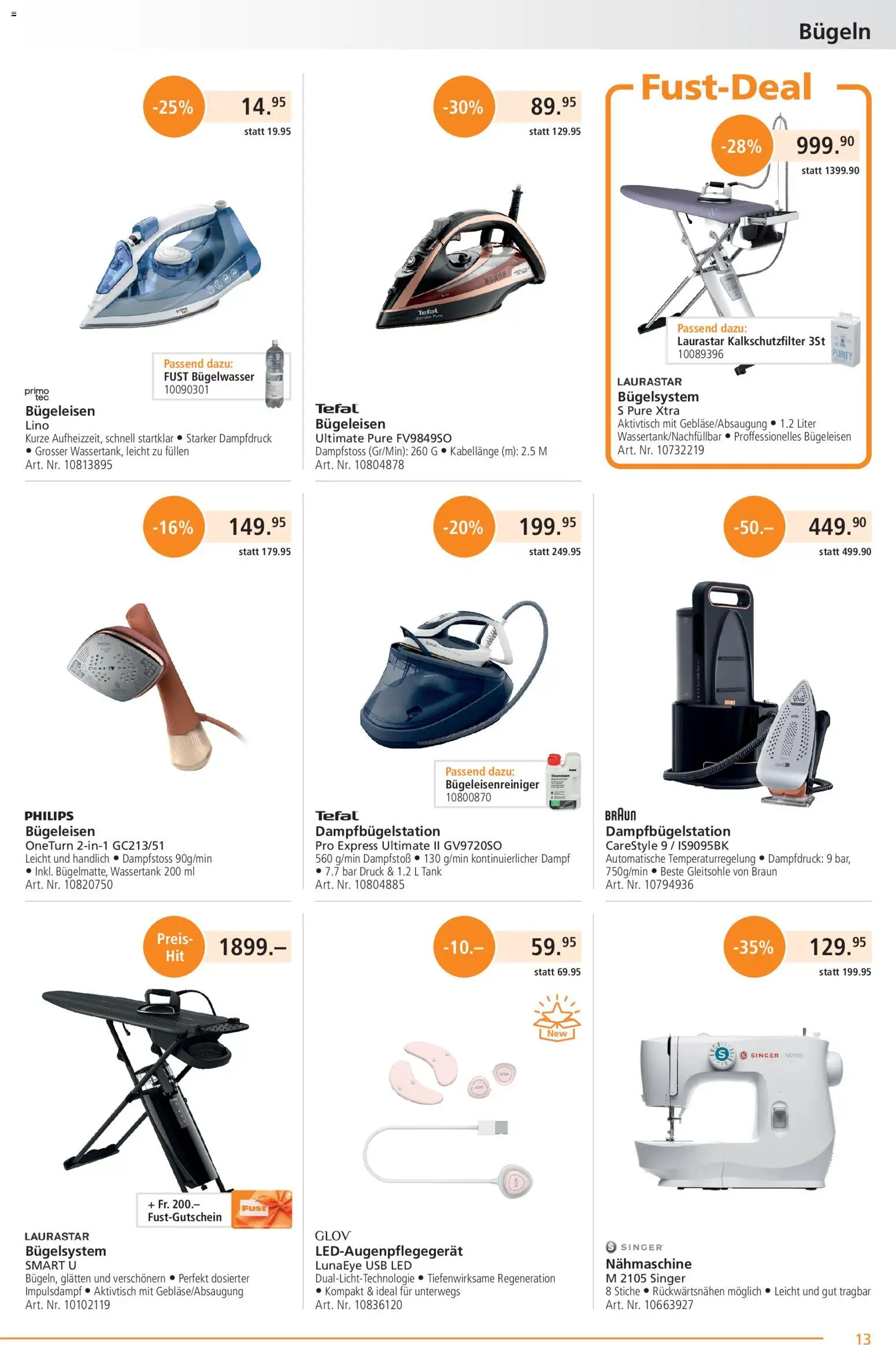 Fust aktionen – gültig ab 21.09.2026 | Seite: 13 | Produkte: Nähmaschine, Bügeleisen, Usb, Philips