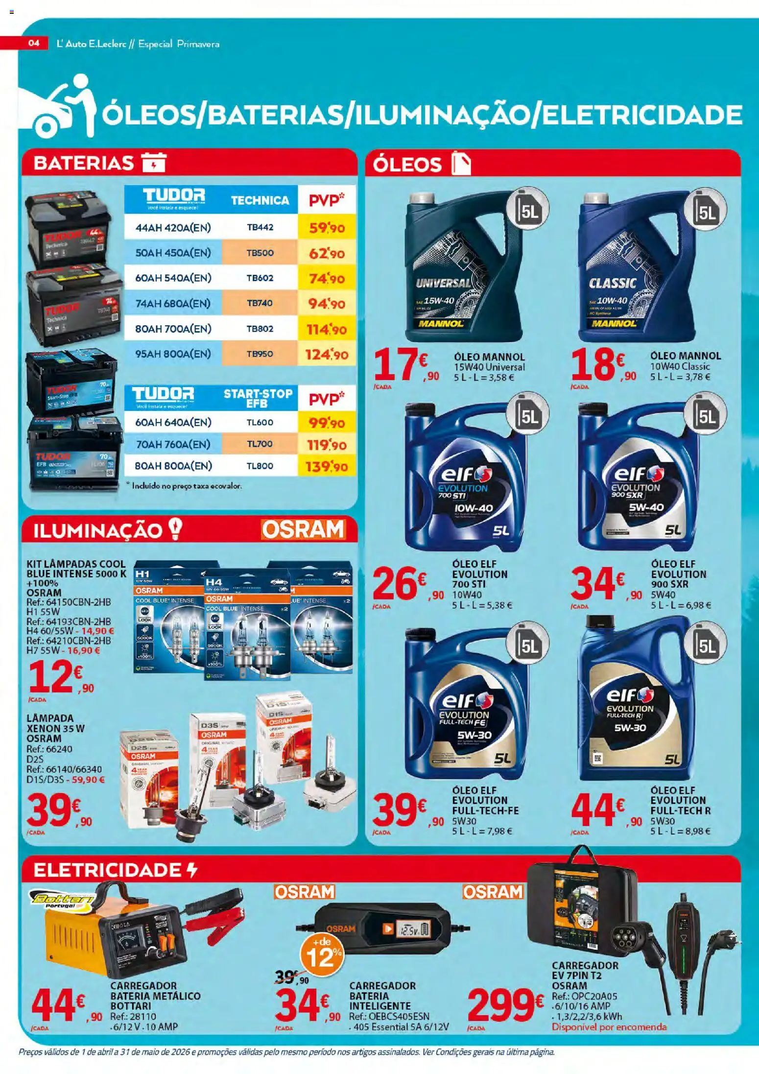 E.Leclerc folheto Auto │ válido de 01.04.2026 | Página: 4 | Produtos: Lâmpadas, Bateria, Óleo