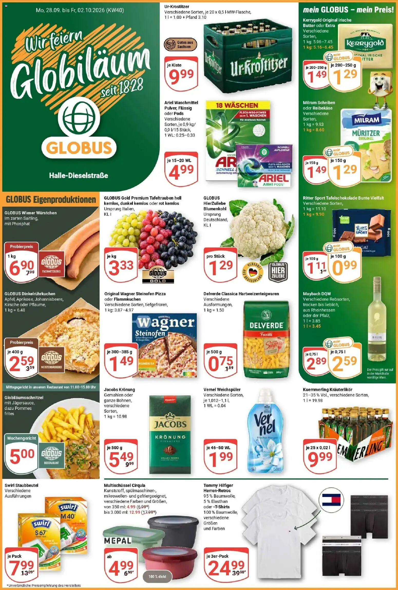 Globus Prospekt Halle (saale) (ab 28.09.2026) » Angebote online | Seite: 1 | Produkte: Wiener wurstchen, Butter, Weichspüler, Vernel