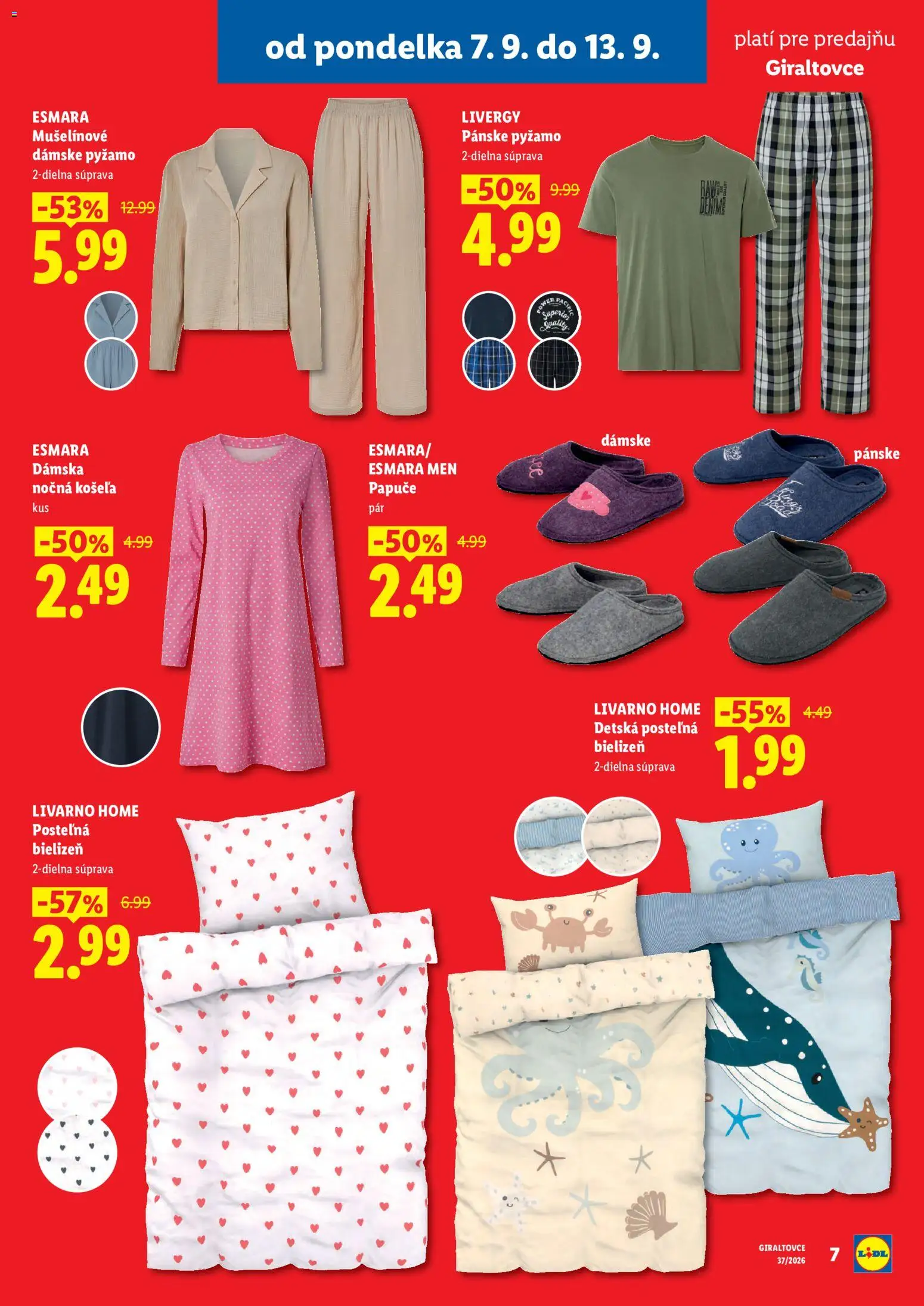 Nové Lidl akcie – leták je platný od 07.09.2026 | Strana: 7 | Produkty: Košeľa, Pyžamo, Papuče