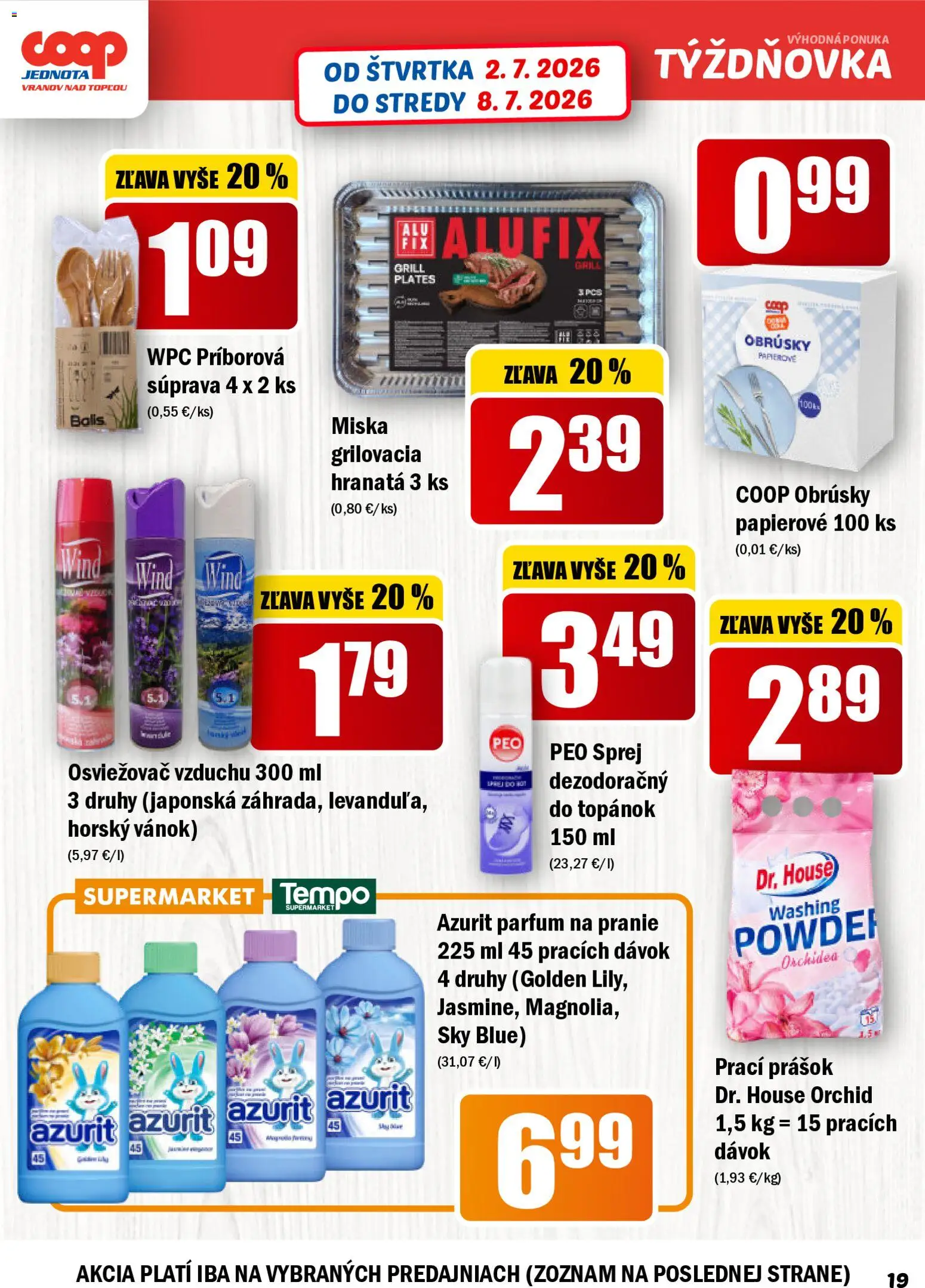 Nové COOP Jednota akcie – leták je platný od 02.07.2026 | Strana: 19 | Produkty: Osviežovač vzduchu, Prací prášok, Orchidea