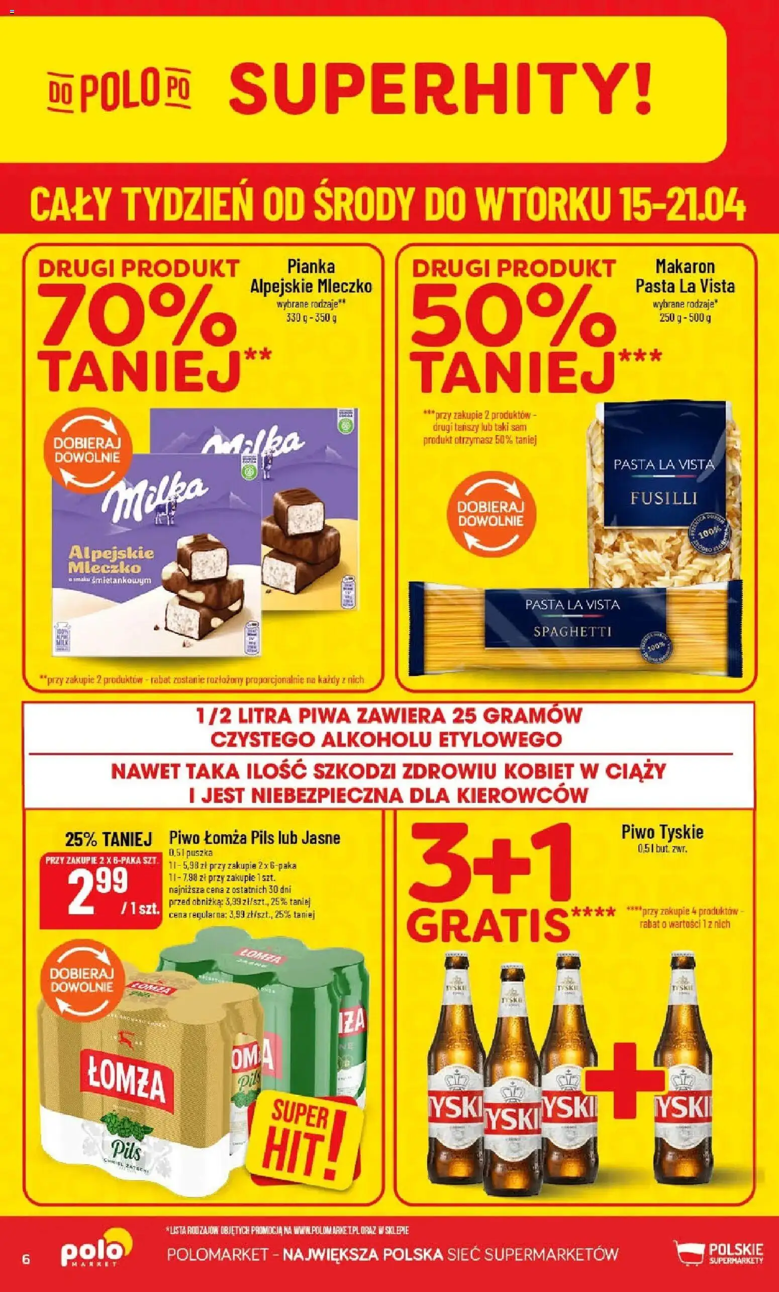 POLOmarket gazetka od 15.04.2026 | Strona: 6 | Produkty: Milka, Tyskie, Piwo, Makaron