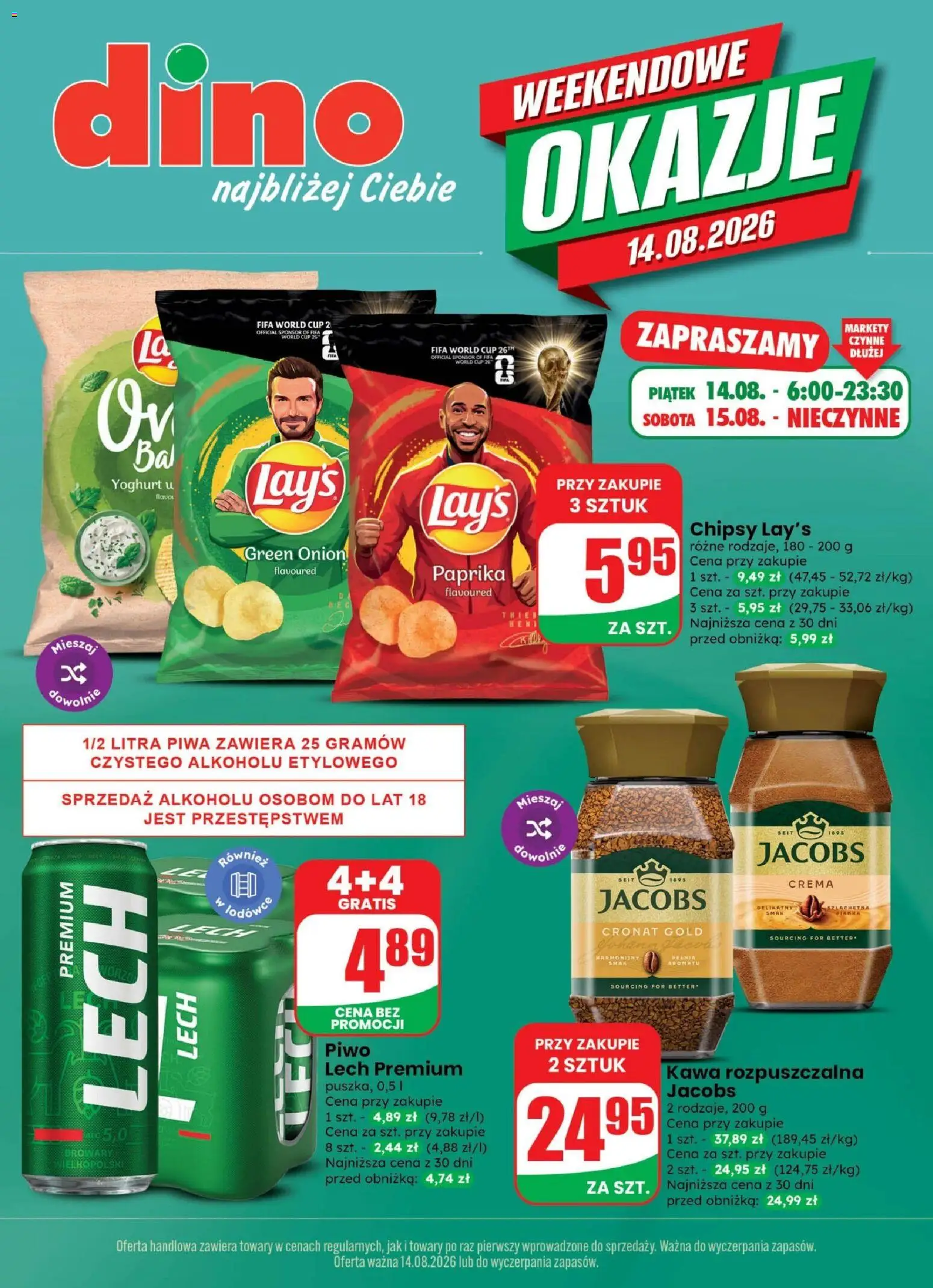 Dino gazetka - Weekendowe Okazje od 14.08.2026 | Strona: 1 | Produkty: Chipsy, Lech, Kawa rozpuszczalna, Kawa