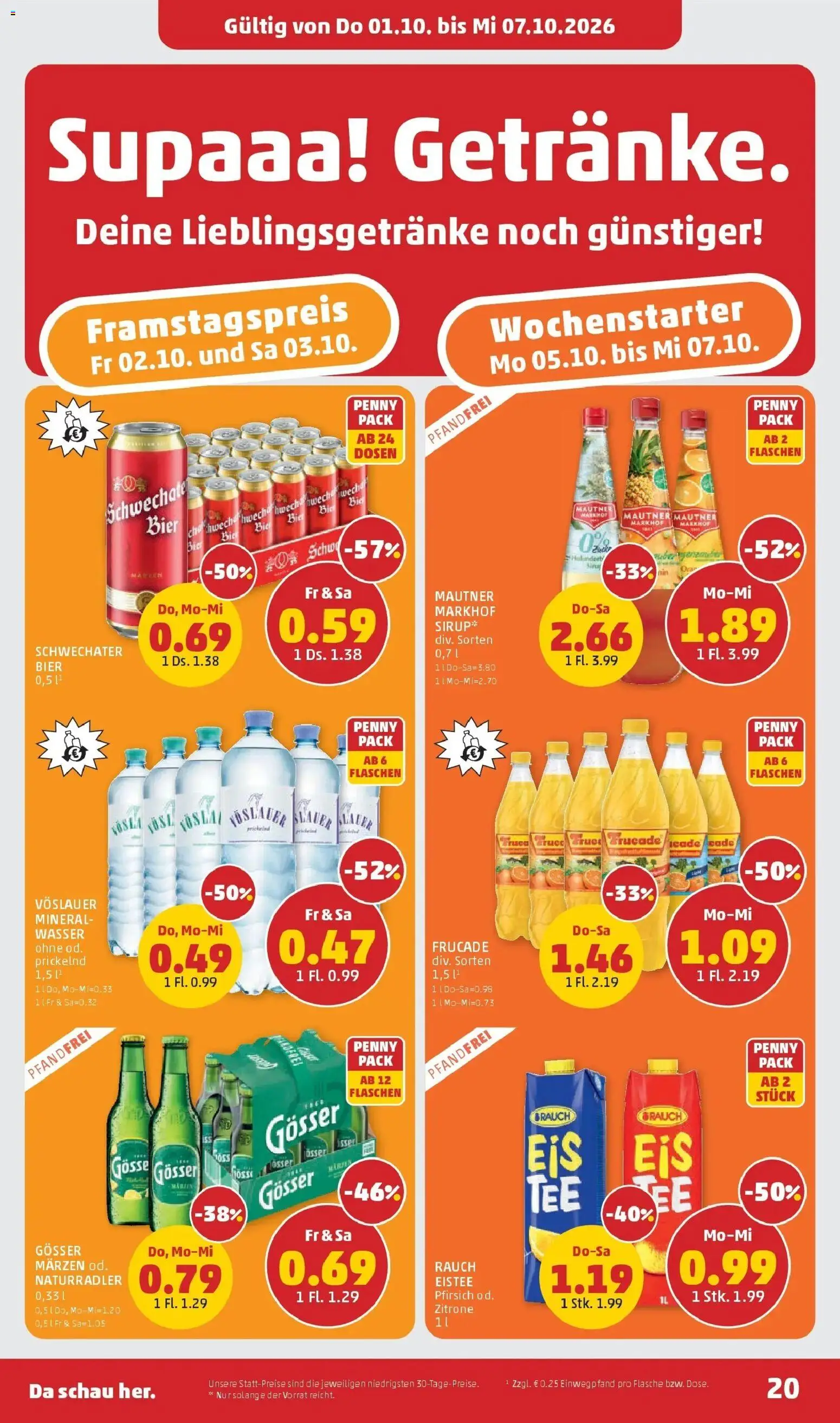 Penny Markt Die ganze Woche sparen ab (01.10.2026) - Angebote, Prospekt | Seite: 20 | Produkte: Wasser, Zitrone, Pfirsich, Bier