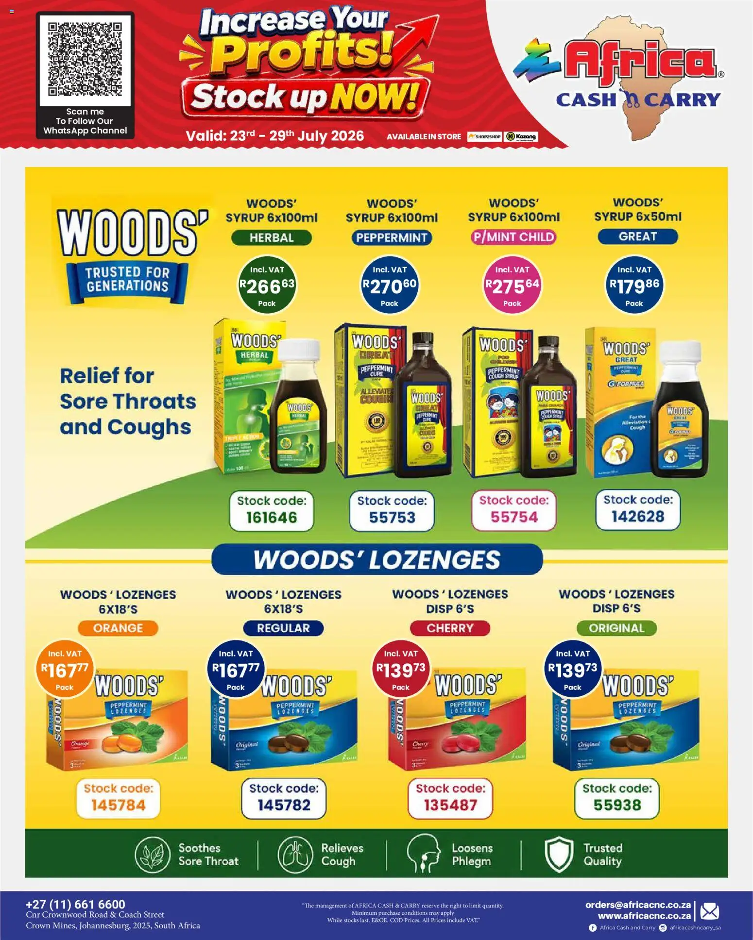 New Africa Cash & Carry catalogue – valid from 23/07/2026 | Page: 9 | Products: Cough syrup, Lozenges, Stock, Syrup