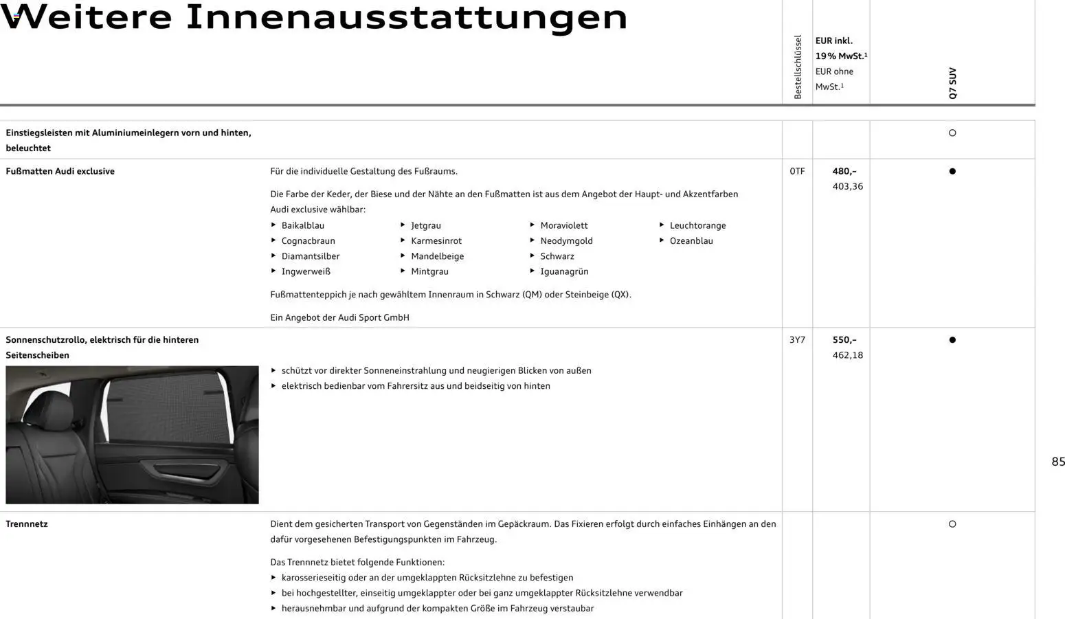 Audi Q7 – gültig ab 23.06.2026 | Seite: 85 | Produkte: Gewicht, Box, Wasser