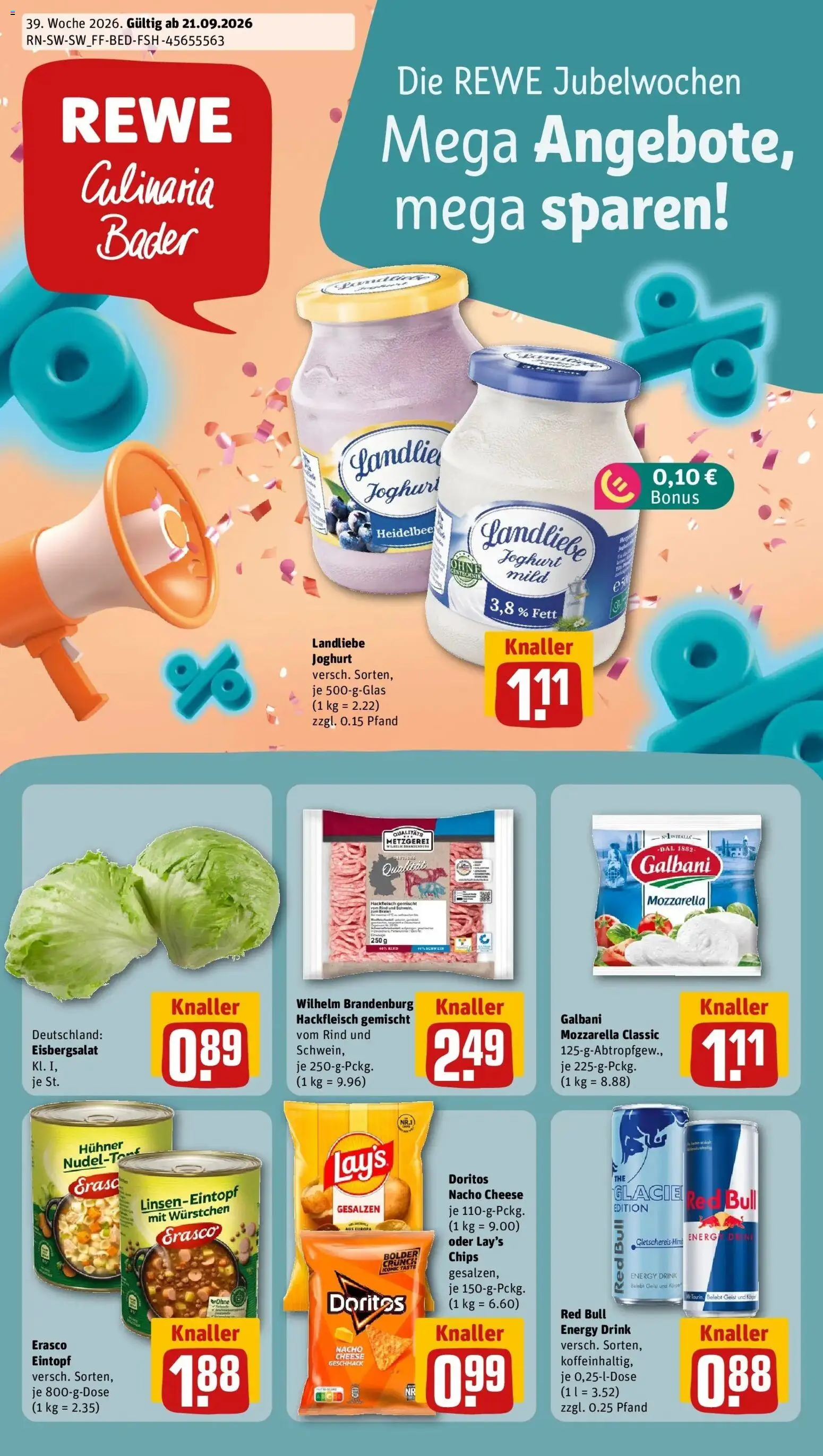 REWE Prospekt ab 21.09.2026 zum Blättern » Angebote | Seite: 1 | Produkte: Red bull, Joghurt, Chips, Hackfleisch