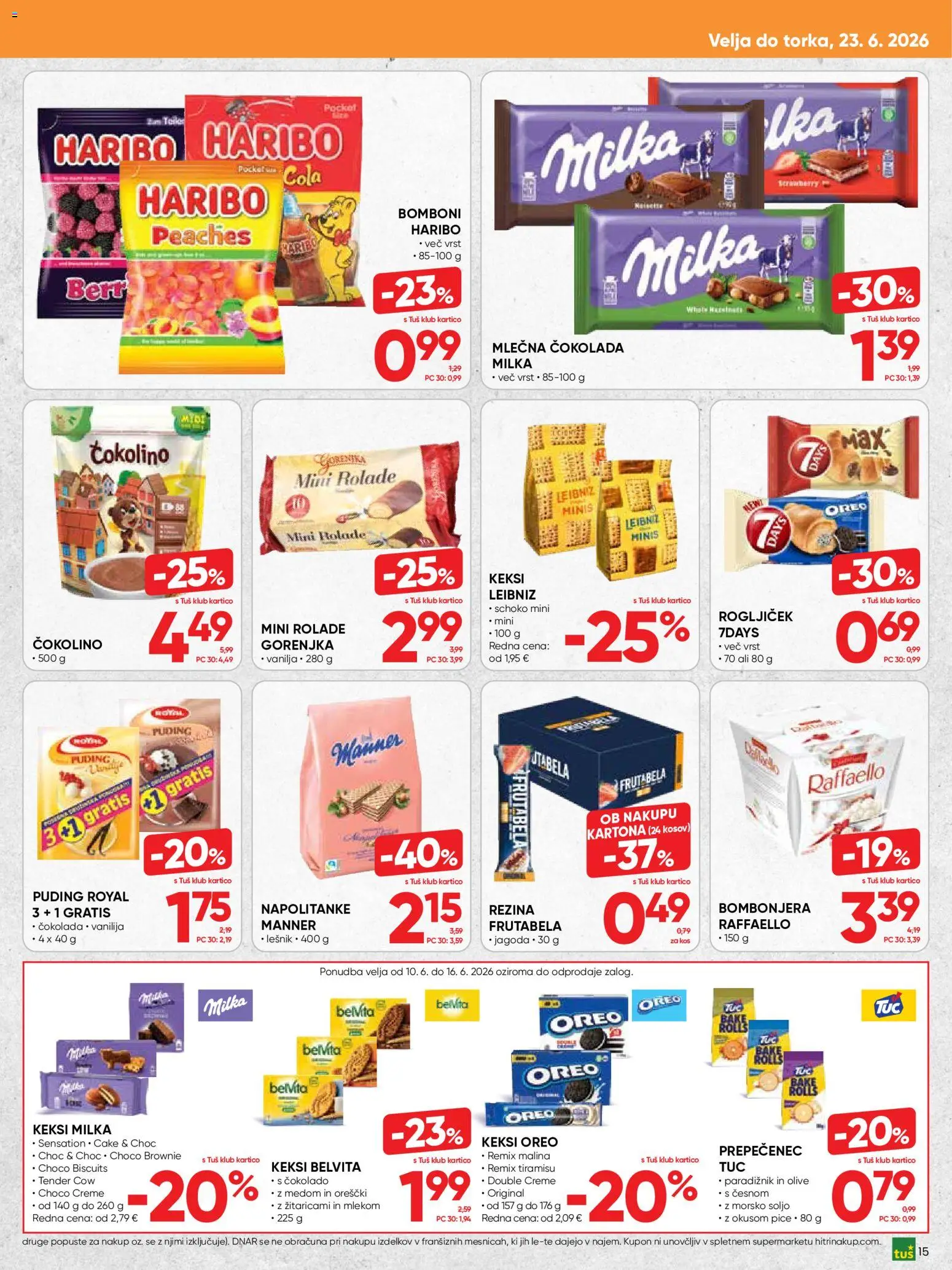 Novi Tuš katalog ponudbe – veljaven od 10.06.2026 | Stran: 15 | Izdelki: Puding, Kos, Olive, Cokolada