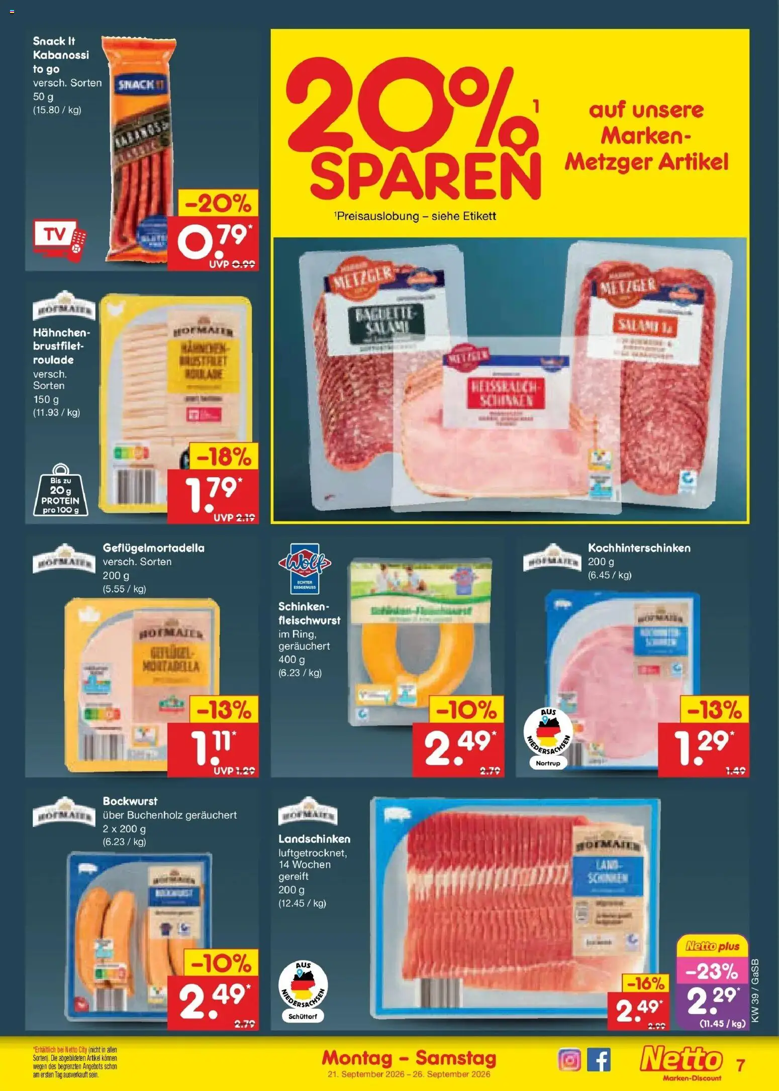 Netto Marken-Discount Prospekt Oldenburg – gültig ab 21.09.2026 | Seite: 11 | Produkte: Bockwurst, Baguette, Schinken, TV
