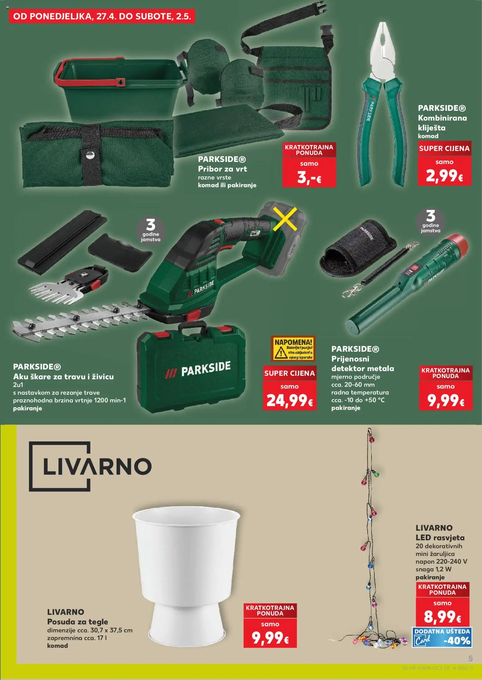 Kaufland katalog | vrijedi od 29.04.2026 | Stranica: 5 | Proizvodi: Baterija, Škare, Kliješta, Parkside