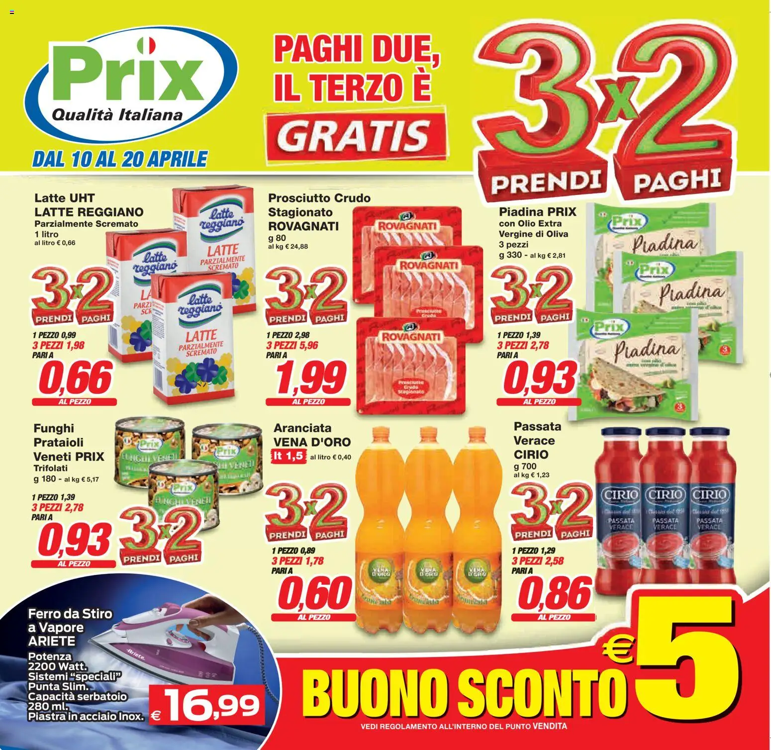 Volantino Prix del 10.04.2026 | Pagina: 1 | Prodotti: Prosciutto Crudo, Latte, Prosciutto, Ferro da stiro