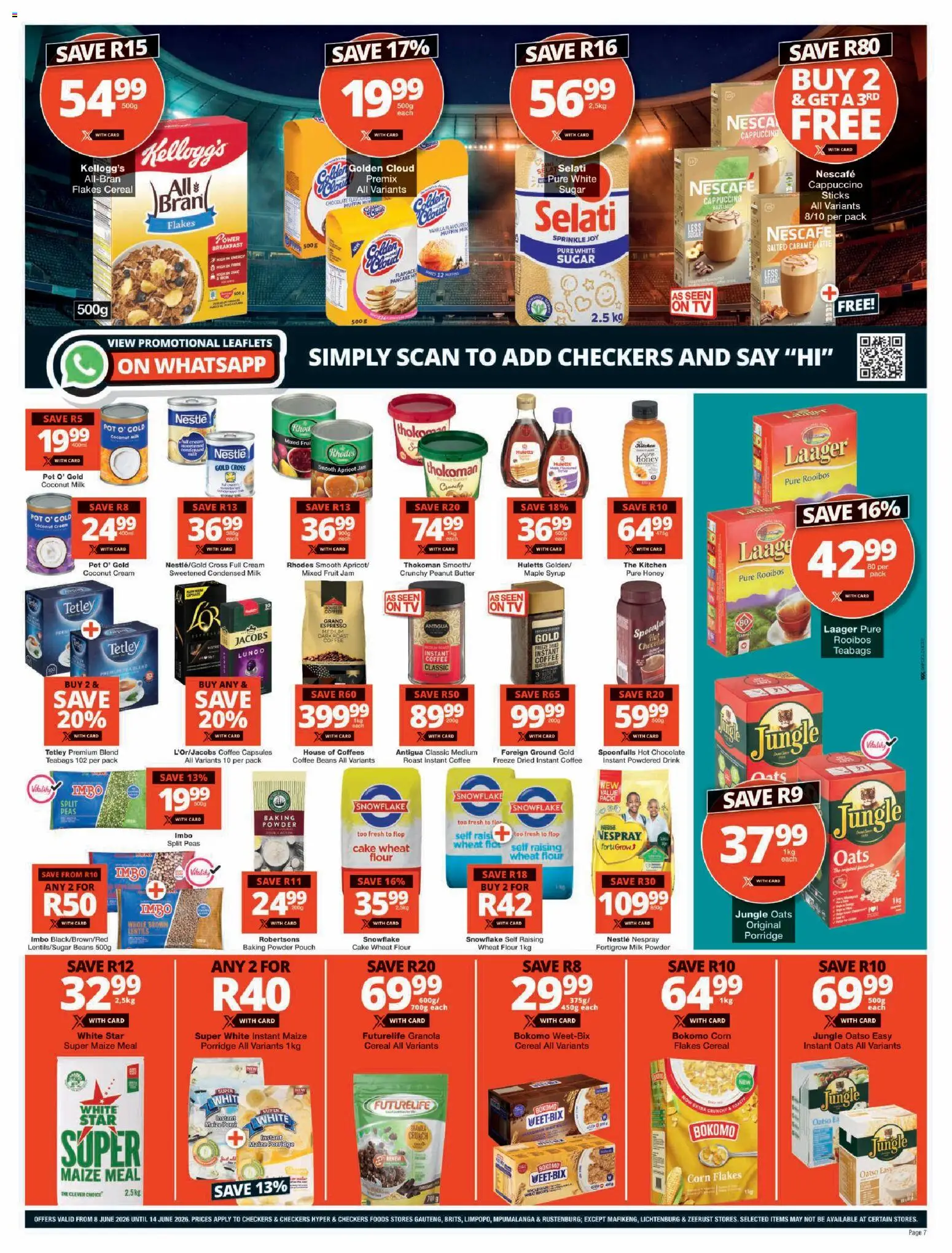 New Checkers catalogue – valid from 08.06.2026 | Page: 7 | Products: Beans, Maize meal, Condensed milk, Baking powder