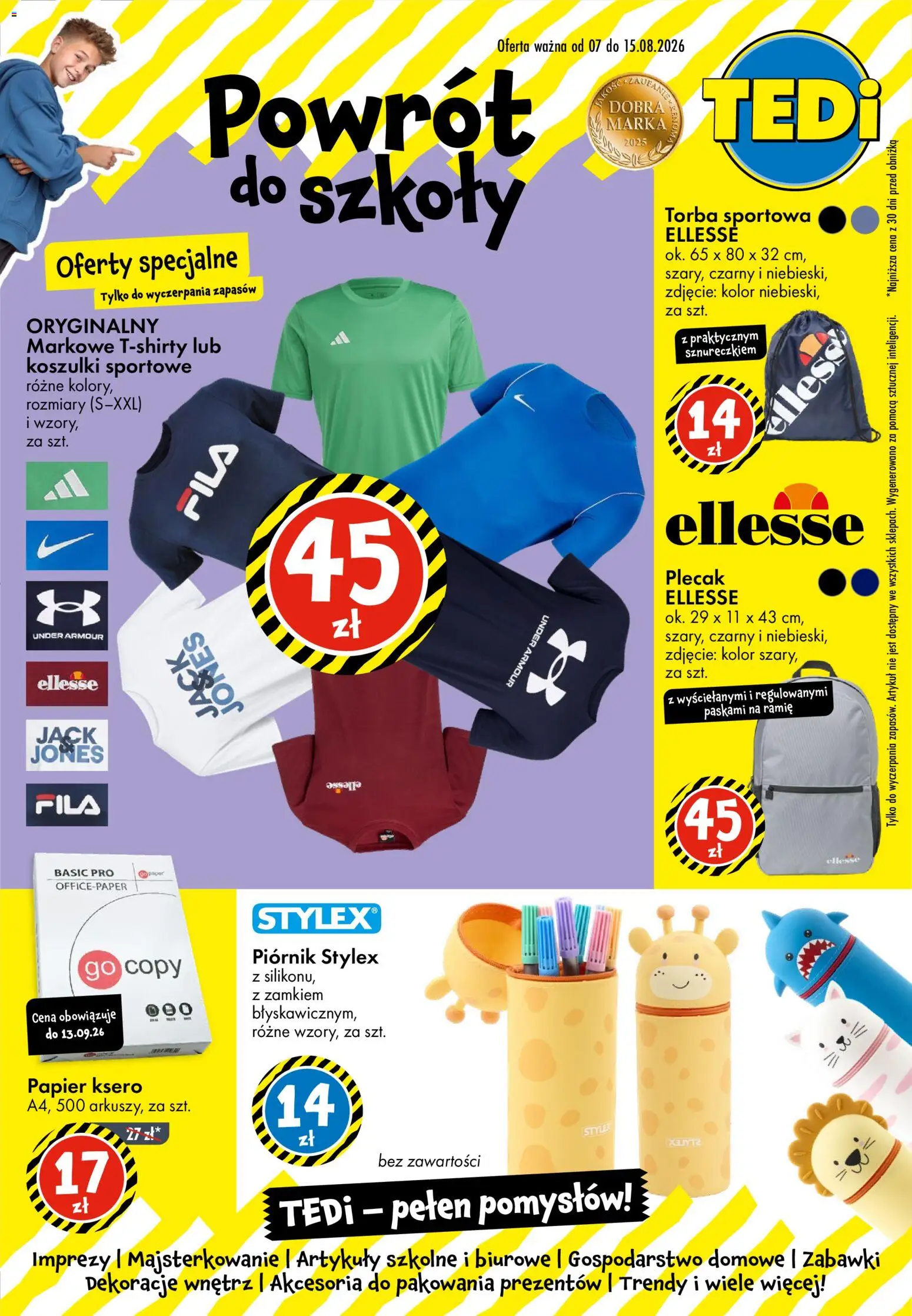 TEDi gazetka od 07.08.2026 | Strona: 1 | Produkty: Torba, Torba sportowa, Piórnik, Papier ksero