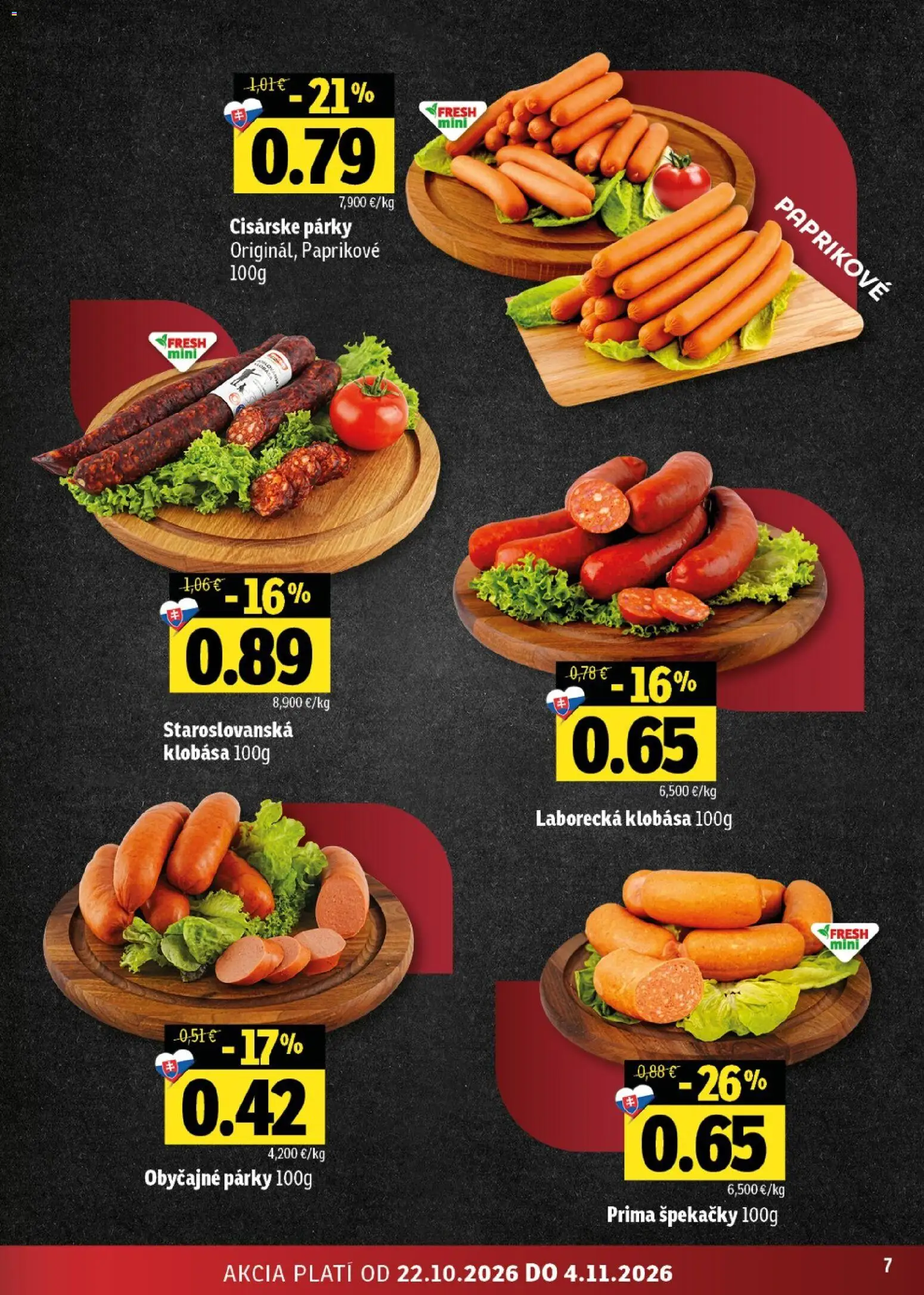 Nové Fresh akcie – leták je platný od 22.10.2026 | Strana: 7 | Produkty: Klobása, Párky