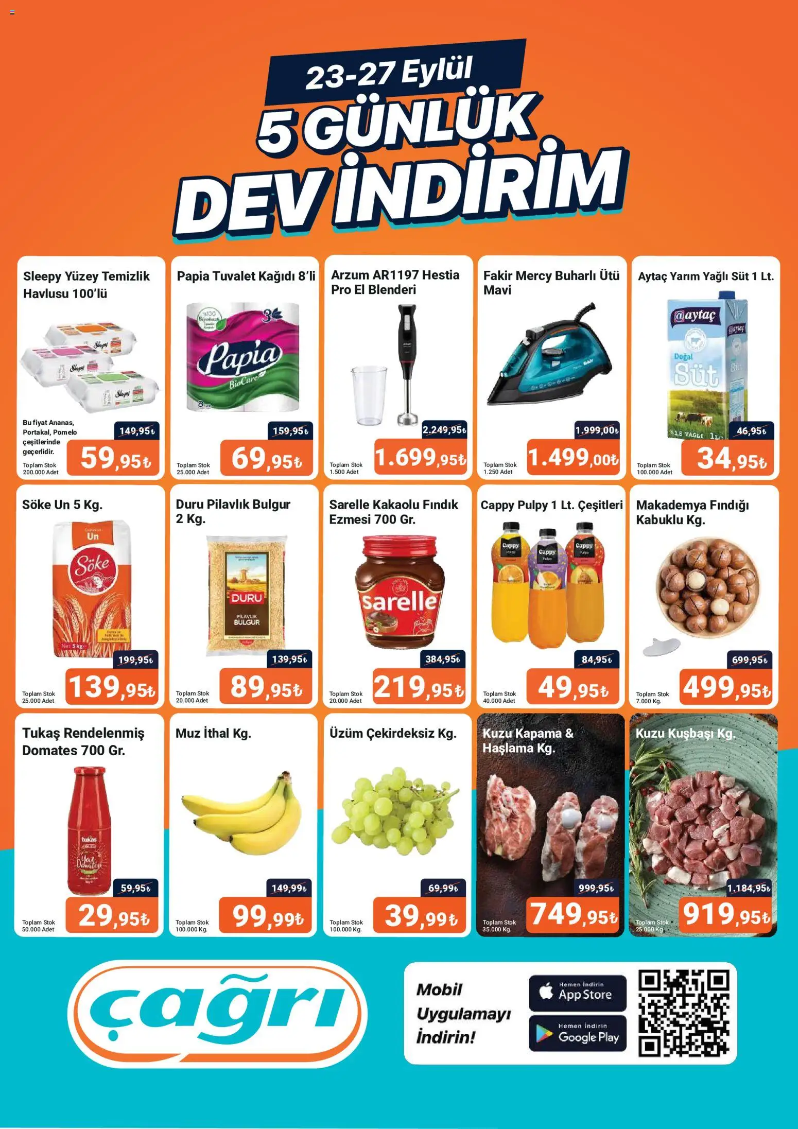 Çağrı Market - Dev İndirim Katalog - 23 Eylül 2026 tarihinden itibaren geçerlidir | Sayfa: 1 | Ürünler: Tuvalet, Süt, Muz, Ütü