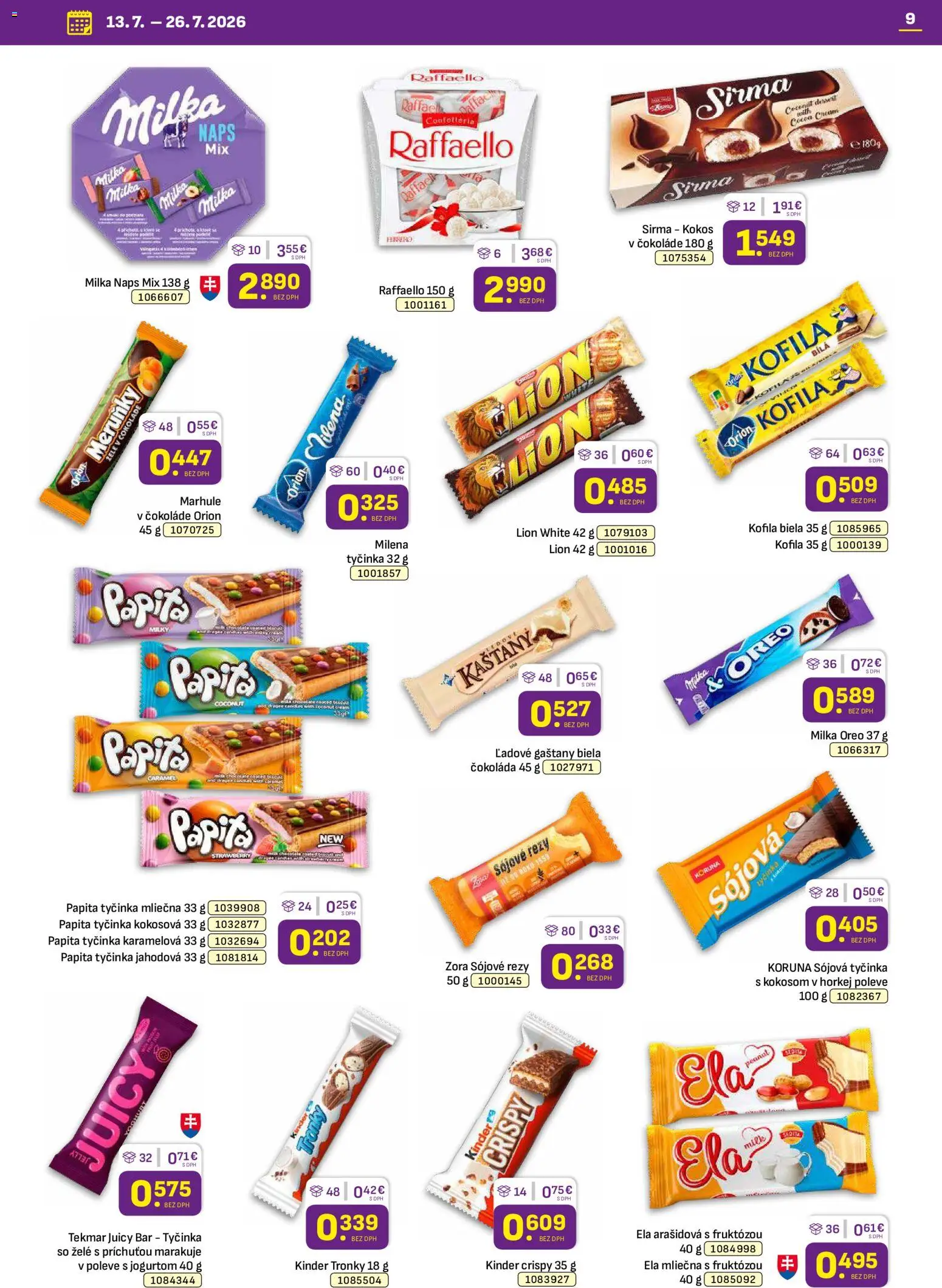 Nové Libex akcie – leták je platný od 13.07.2026 | Strana: 9 | Produkty: Gaštany, Kinder, Čokoláda, Milka