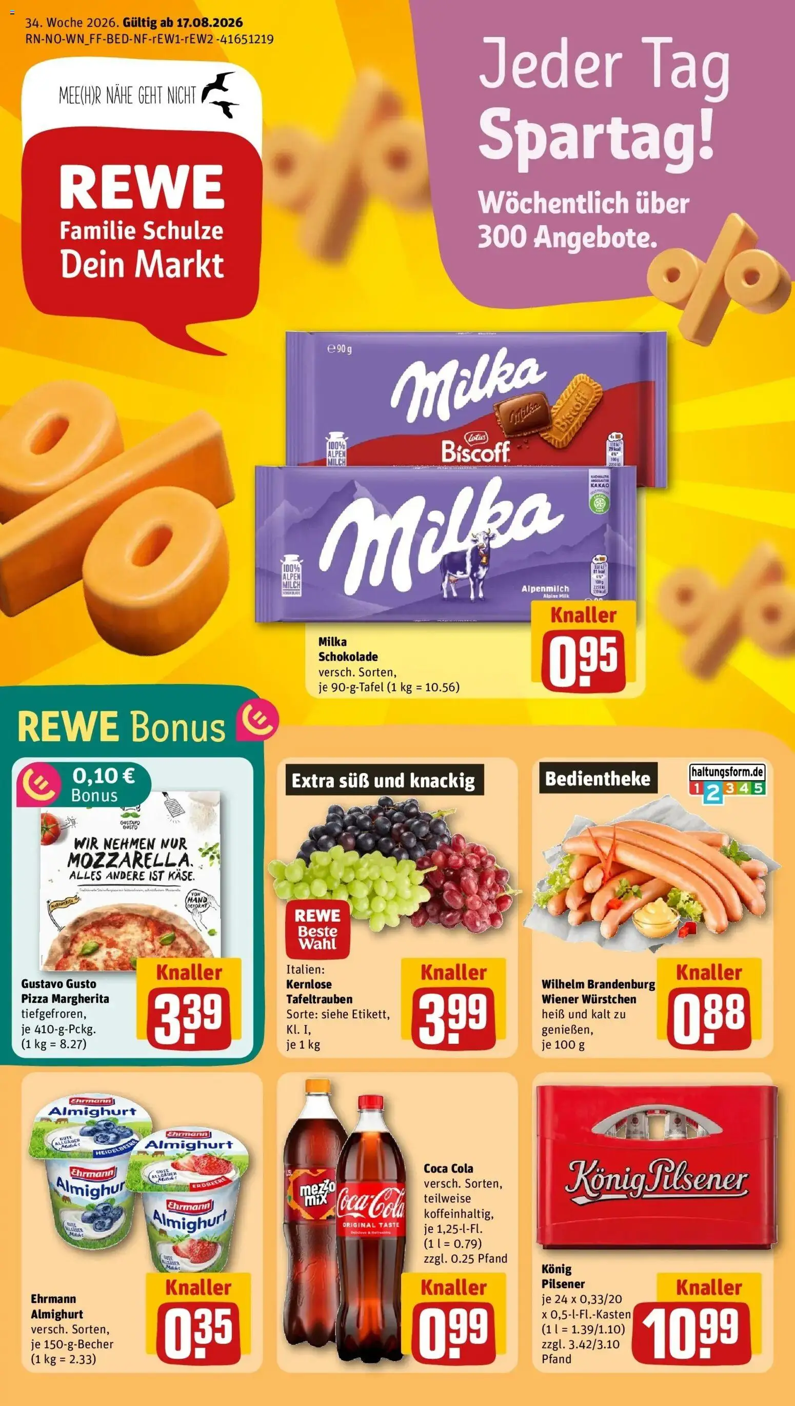 REWE Prospekt ab 17.08.2026 zum Blättern » Angebote | Seite: 1 | Produkte: Gustavo gusto, Ehrmann almighurt, Cola, Pizza