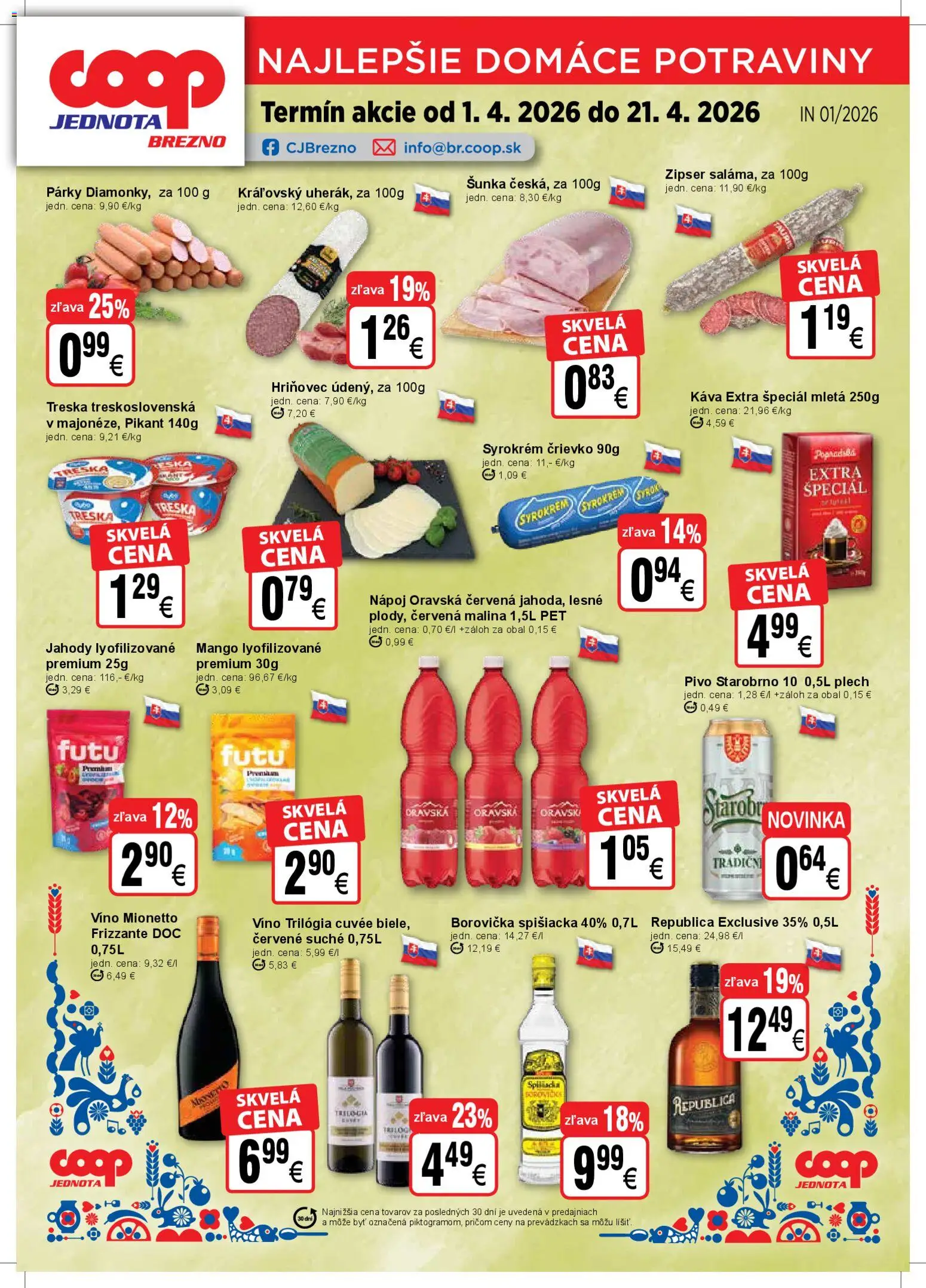 Nové COOP Jednota akcie – leták je platný od 01.04.2026 | Strana: 1 | Produkty: Borovička, Republica, Jahody, Párky