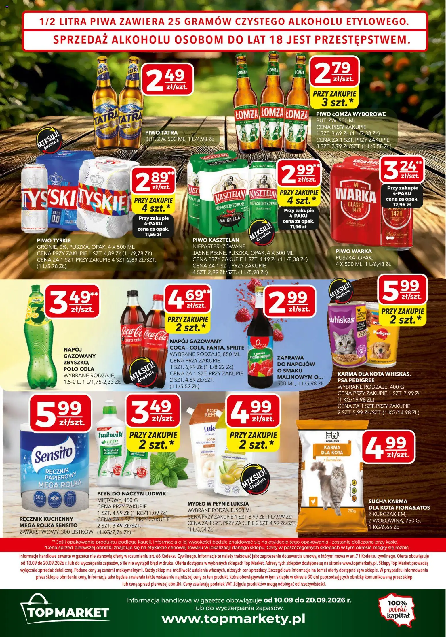 Top Market gazetka mini od 10.09.2026 | Strona: 4 | Produkty: Sprite, Piwo kasztelan, Tyskie, Piwo