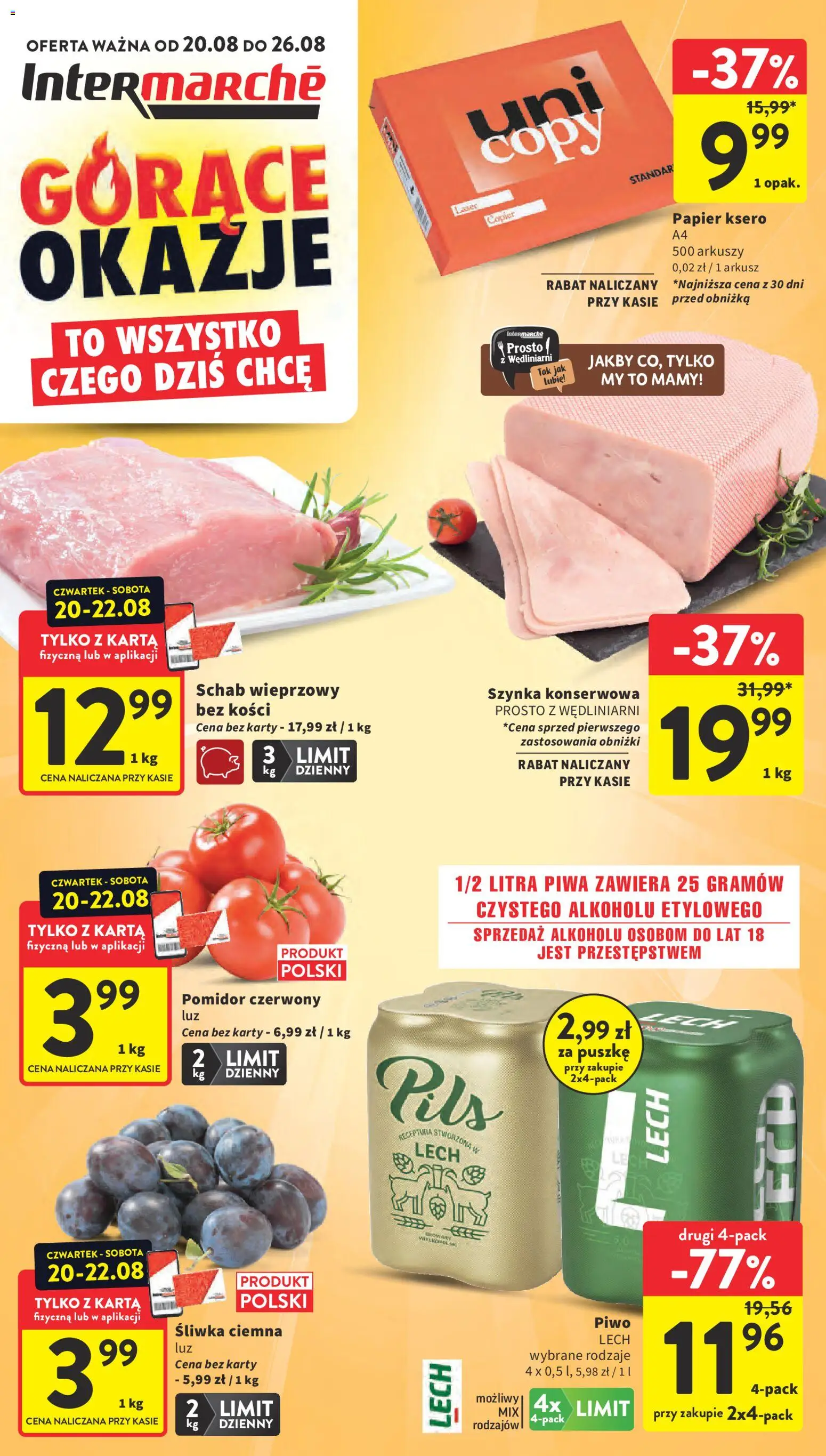 Intermarche gazetka od 20.08.2026 | Strona: 1 | Produkty: Schab, Schab wieprzowy, Pomidor, Piwo