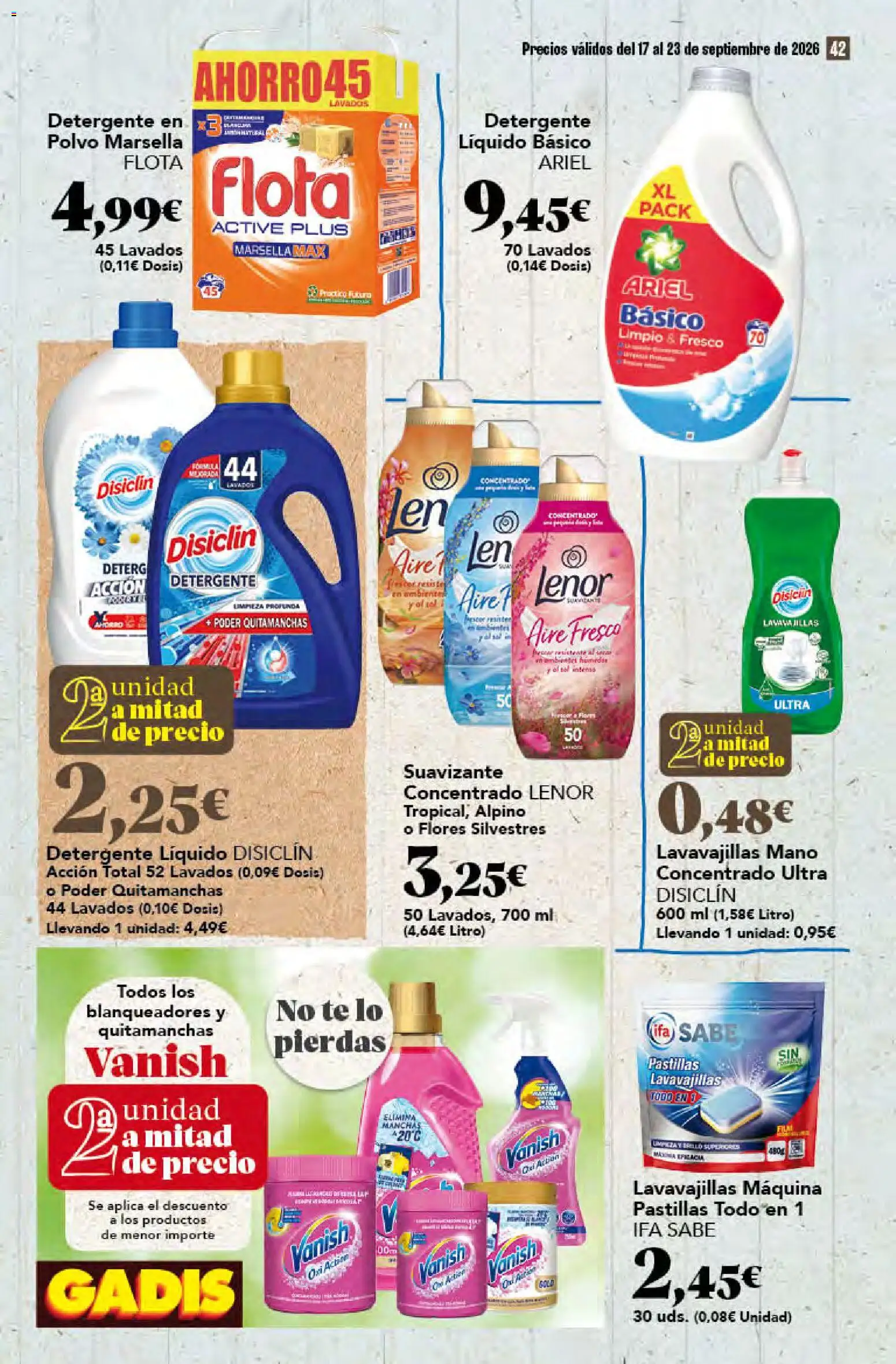 Gadis folleto │ válido desde el 17/09/2026 | Página: 42 | Productos: Polvo, Quitamanchas, Pastillas lavavajillas, Detergente líquido
