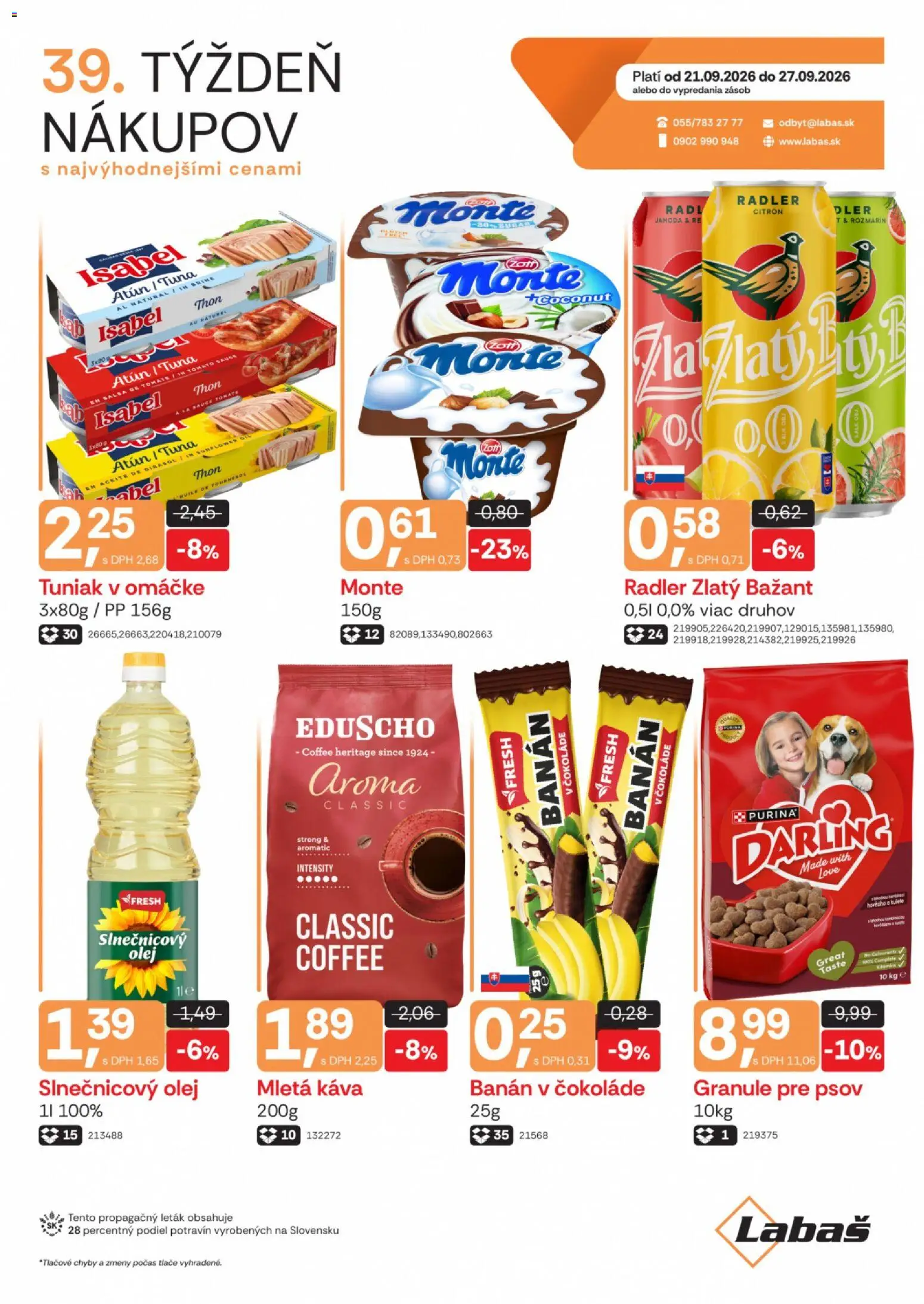 Nové Labaš akcie – leták je platný od 21.09.2026 | Strana: 1 | Produkty: Granule pre psov, Zlatý Bažant, Granule, Mletá káva