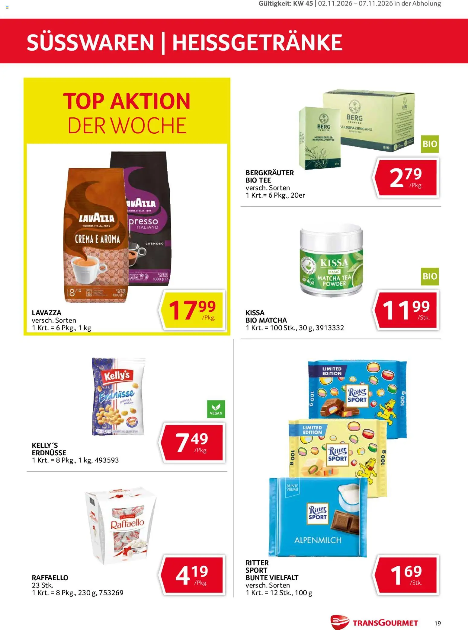 Transgourmet Abhol Aktion gültig ab 02.11.2026 | Seite: 19 | Produkte: Erdnüsse, Matcha, Süßwaren, Tee