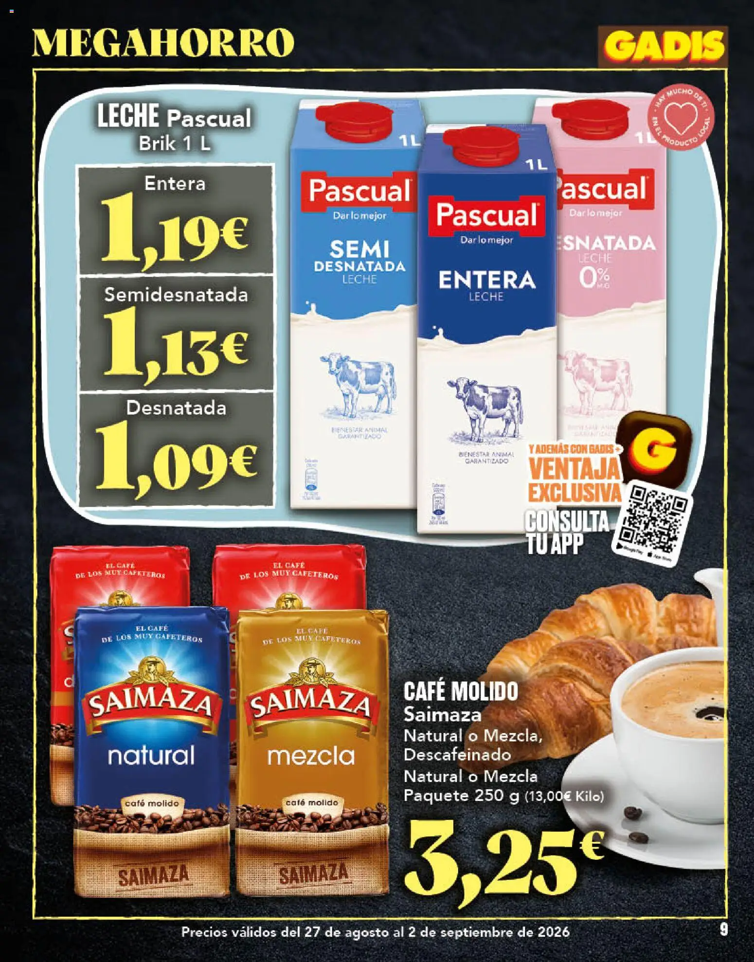 Gadis folleto │ válido desde el 27/08/2026 | Página: 9 | Productos: Leche semidesnatada, Leche, Café, Café molido