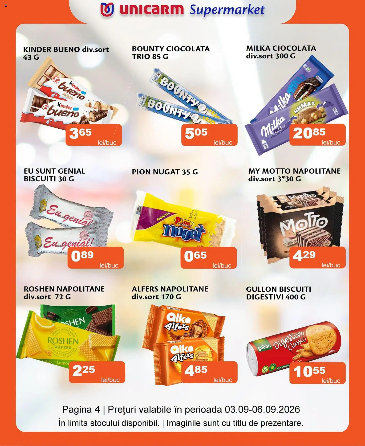 Noul catalog Unicarm – valabil de la 03.09.2026 | Pagină: 4 | Produse: Napolitane, Ciocolată, Biscuiți