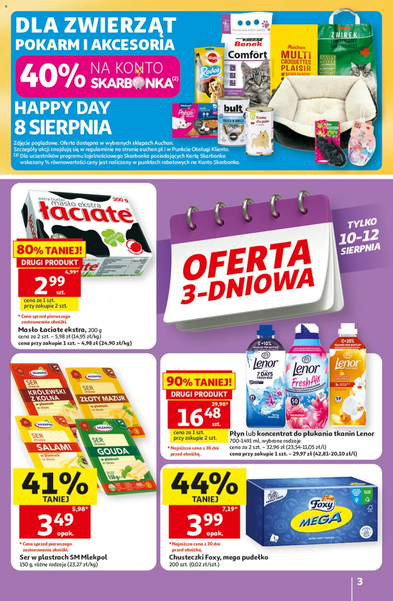 Auchan gazetka - 30 Lat Hipermarket od 06.08.2026 | Strona: 3 | Produkty: Masło, Ser, Salami, Karma dla psów
