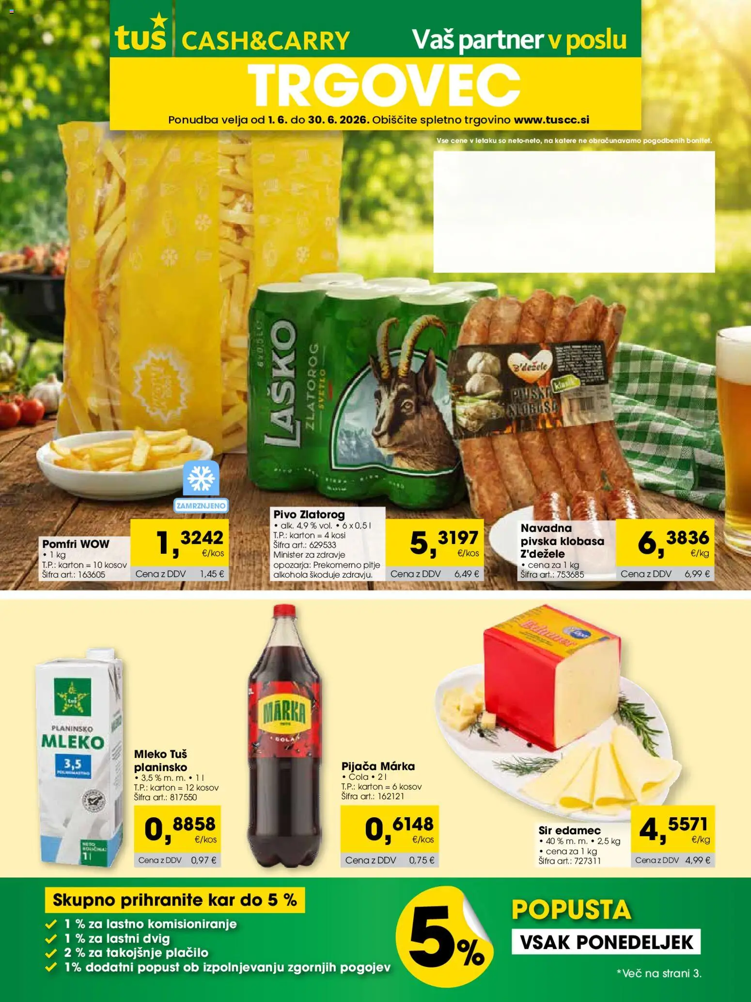 Novi Tuš katalog ponudbe – veljaven od 01.06.2026 | Stran: 1 | Izdelki: Edamec, Mleko, Sir, Pivo