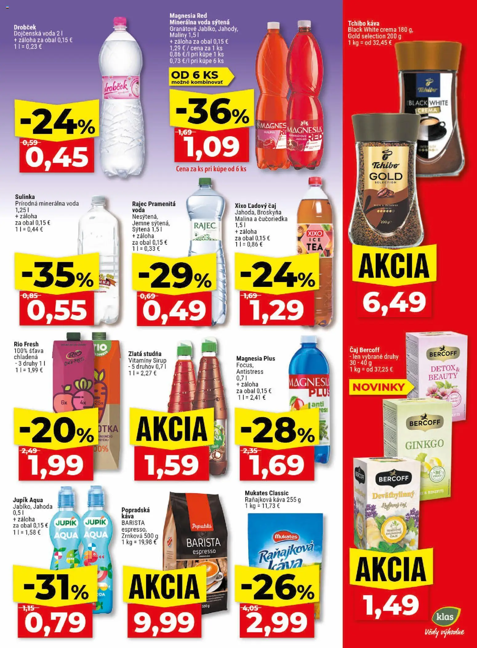 Nové Klas akcie – leták je platný od 18.05.2026 | Strana: 24 | Produkty: Čaj, Rajec, Minerálna voda, Maliny