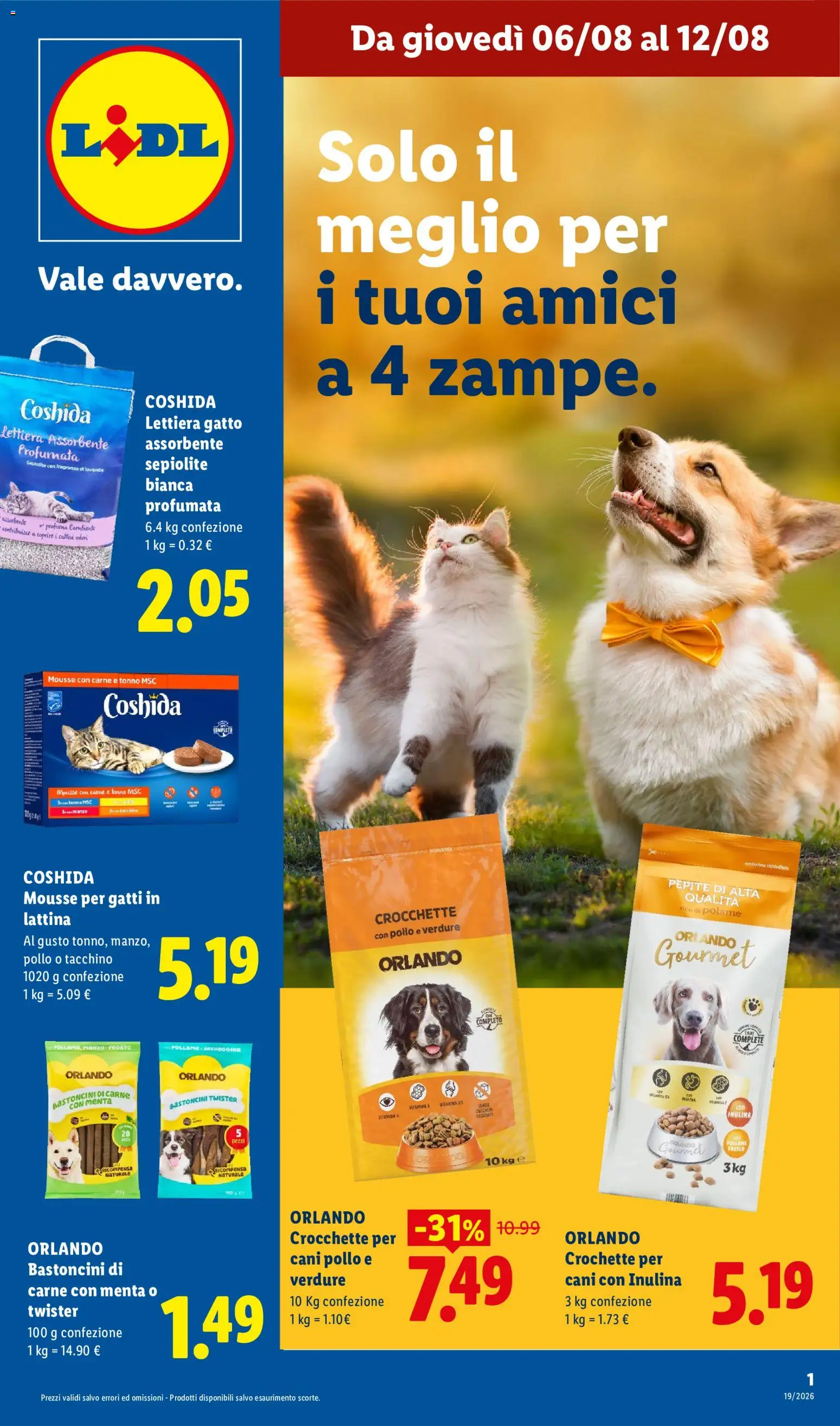 Volantino Lidl del 06/08/2026 | Pagina: 1 | Prodotti: Pollo, Crocchette, Tonno, Fragranza