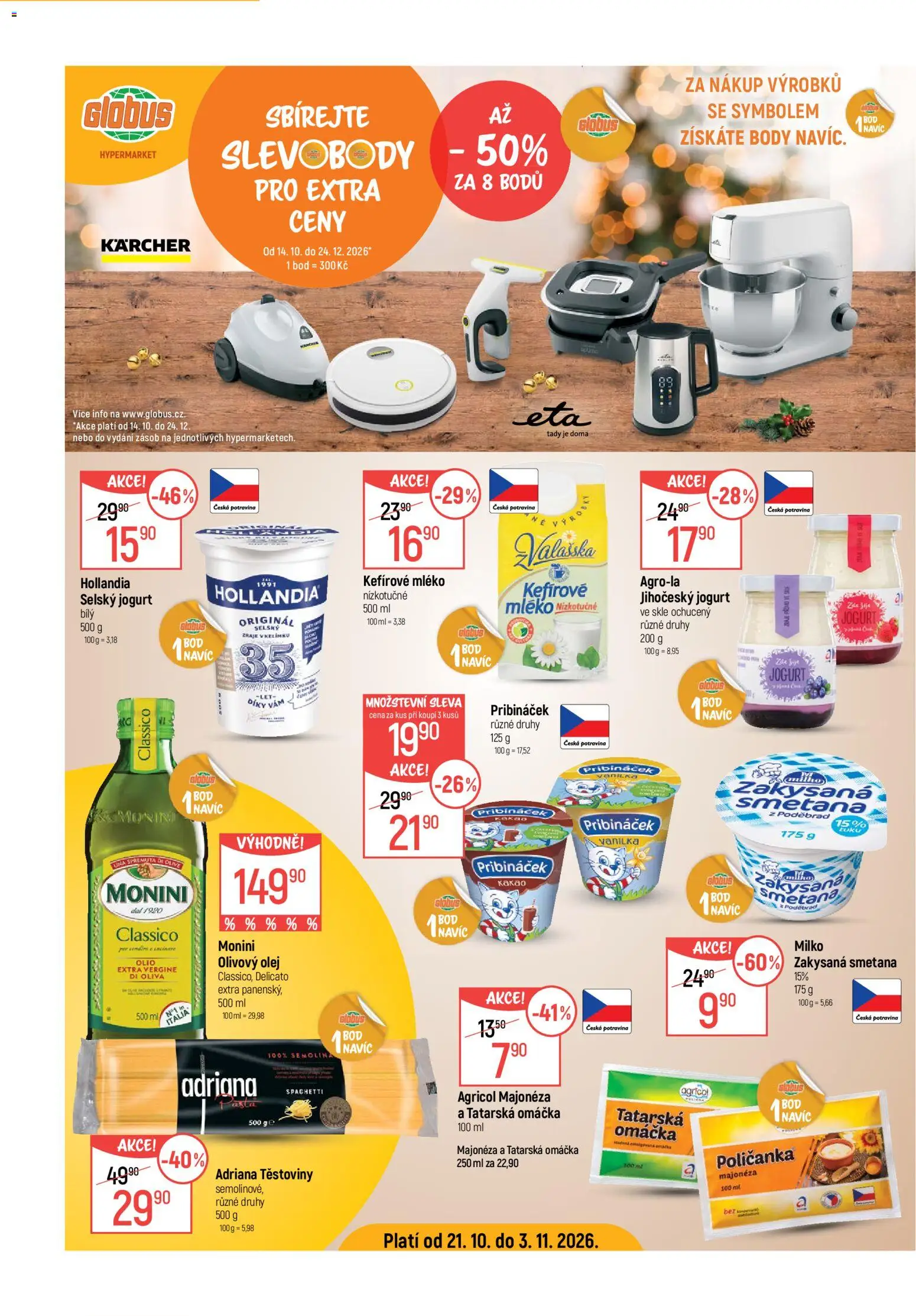 Globus leták - Slevové body od 21.10.2026 | Strana: 1 | Produkty: Kefírové mléko, Smetana, Pribináček, Body