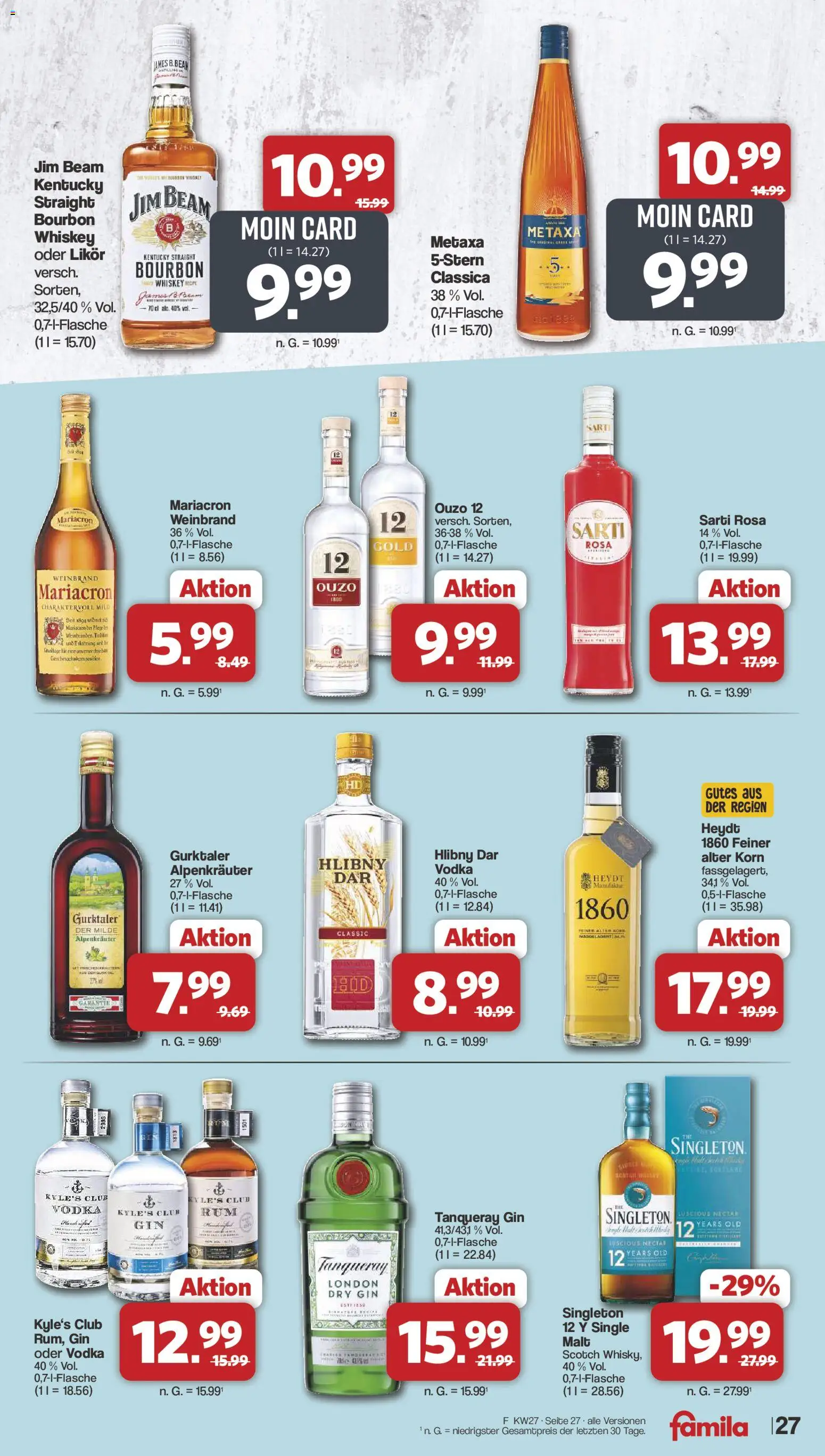 Famila Nordwest Prospekt – gültig ab 29.06.2026 | Seite: 27 | Produkte: Jim beam, Ouzo, Metaxa, Gin