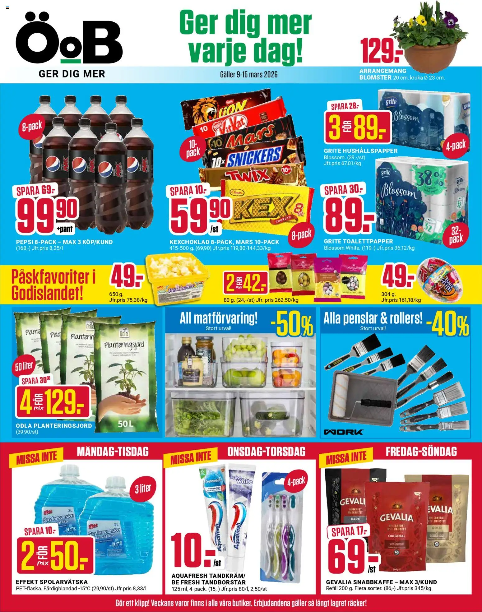 ÖoB reklamblad aktuell från 09.03.2026 | Sida: 1 | Produkter: Planteringsjord, Pepsi, Kruka, Spolarvätska