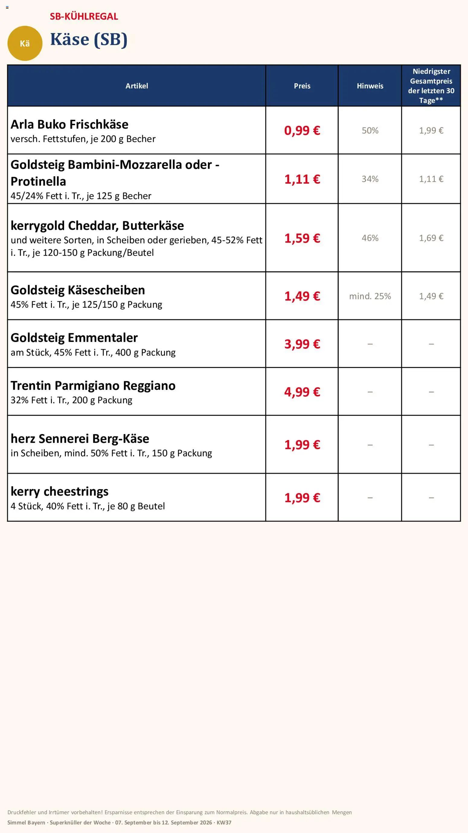 Simmel Bayern – gültig ab 07.09.2026 | Seite: 5 | Produkte: Käse, Arla buko, Frischkase
