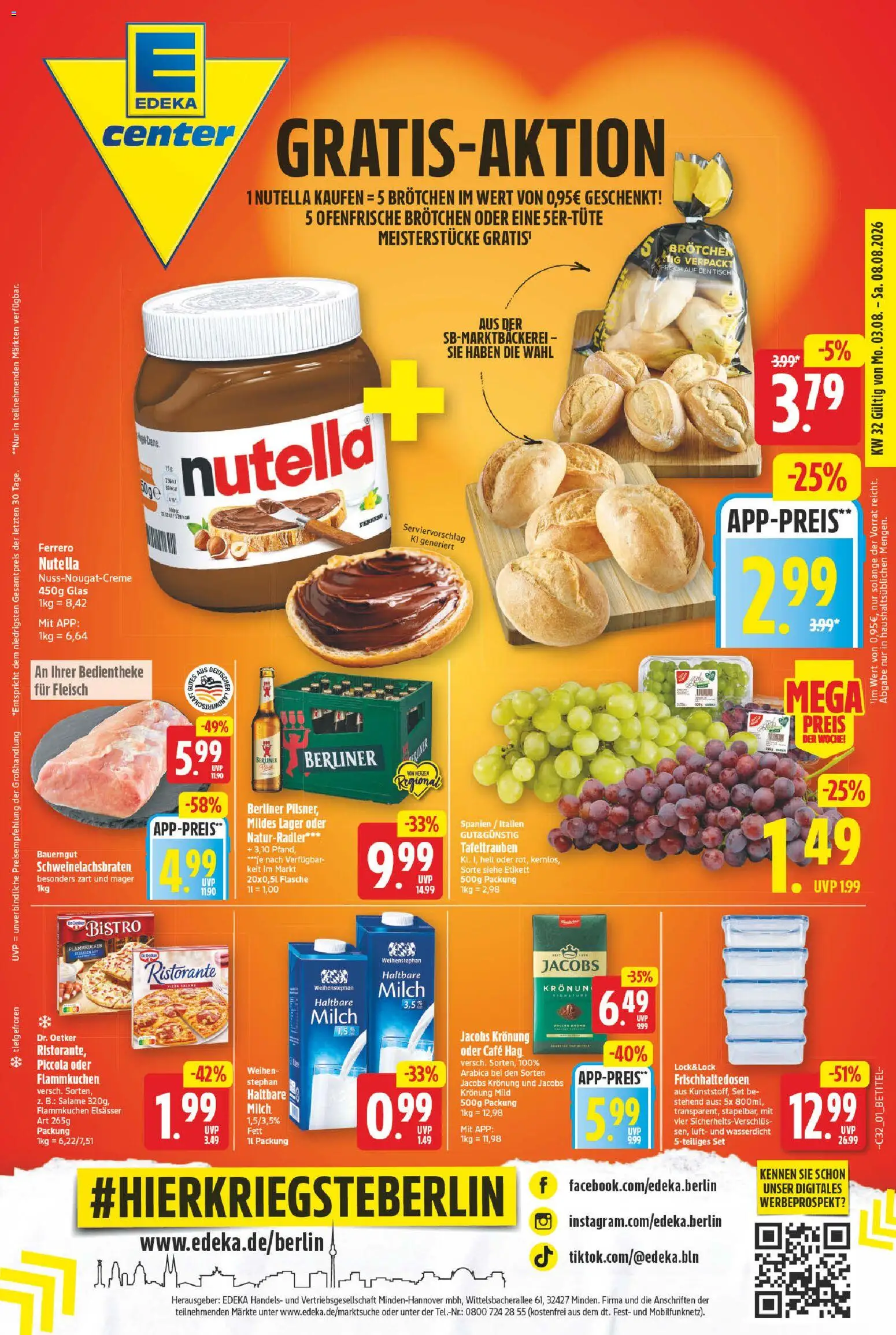E center Prospekt – gültig ab 03.08.2026 | Seite: 1 | Produkte: Berliner, Tisch, Haltbare milch, Ofenfrische