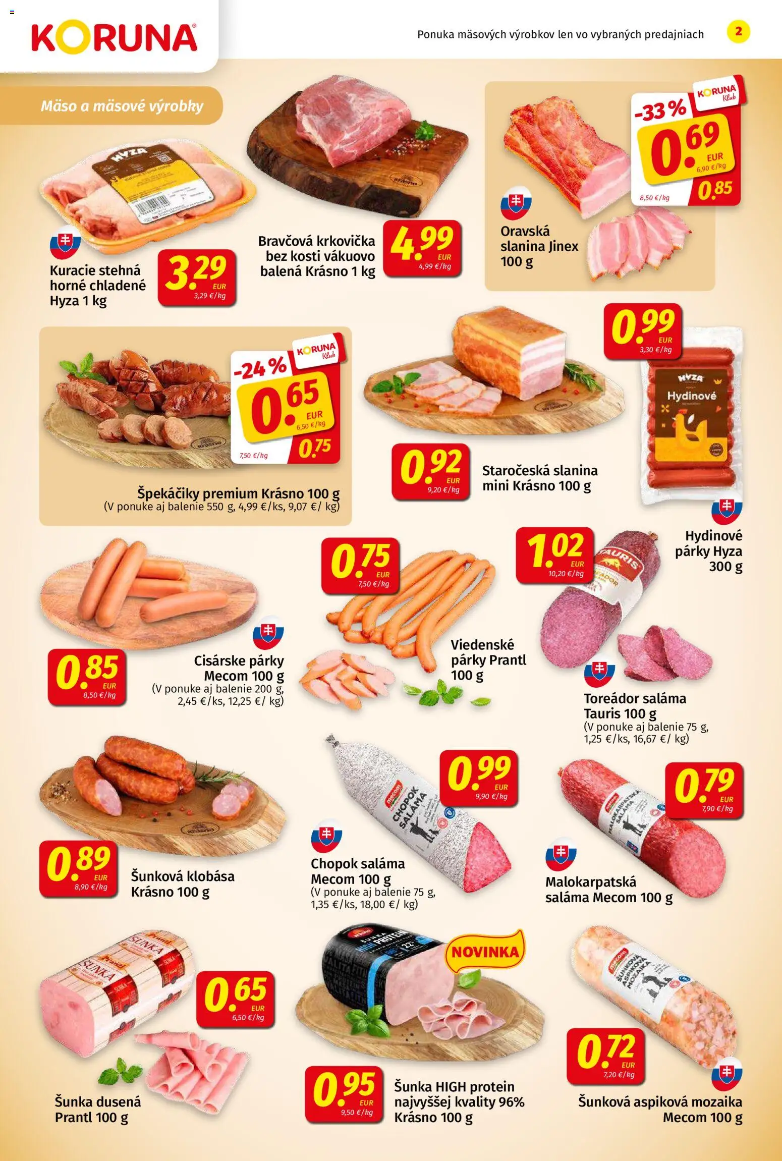 Nové Koruna akcie – leták je platný od 14.08.2026 | Strana: 2 | Produkty: Bravčová krkovička, Krkovička, Párky, Stehná