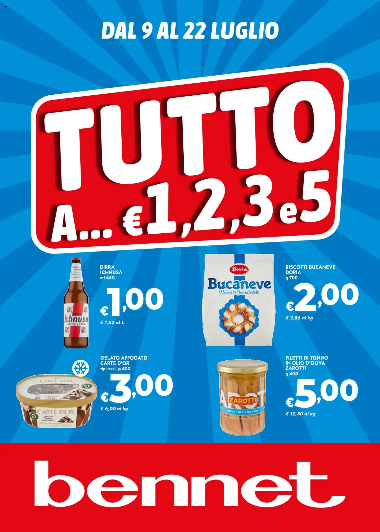 Volantino bennet del 09/07/2026 | Pagina: 1 | Prodotti: Birra, Biscotti, Gelato, Tonno